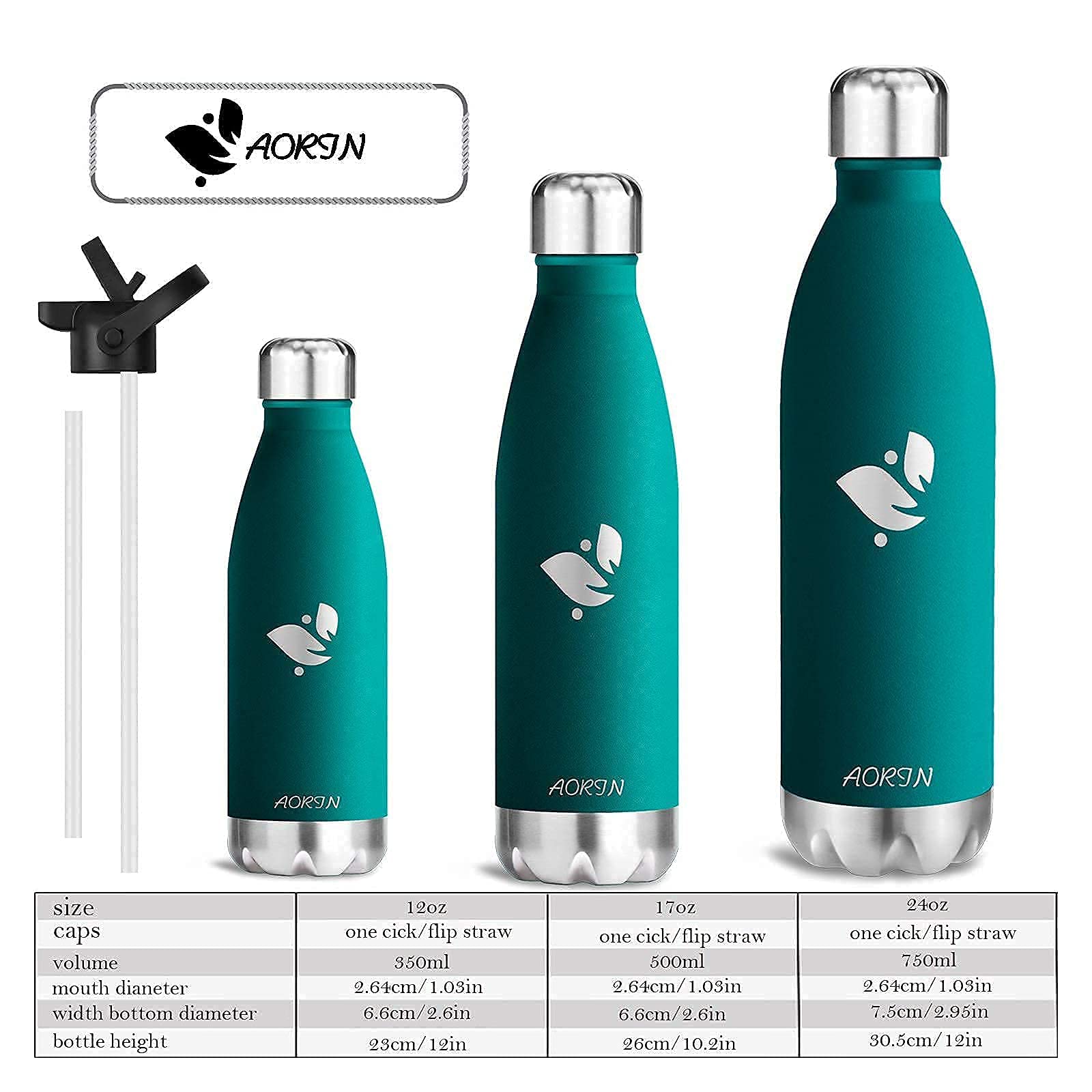 AORIN Stainless Steel Double Wall Vacuum Insulated Water Bottle - 350ml/500ml/750ml - Powder Coated, Scratch Resistant, Leak Proof, Easy to Clean - Perfect for Gym, Hiking, Travel & Office Use