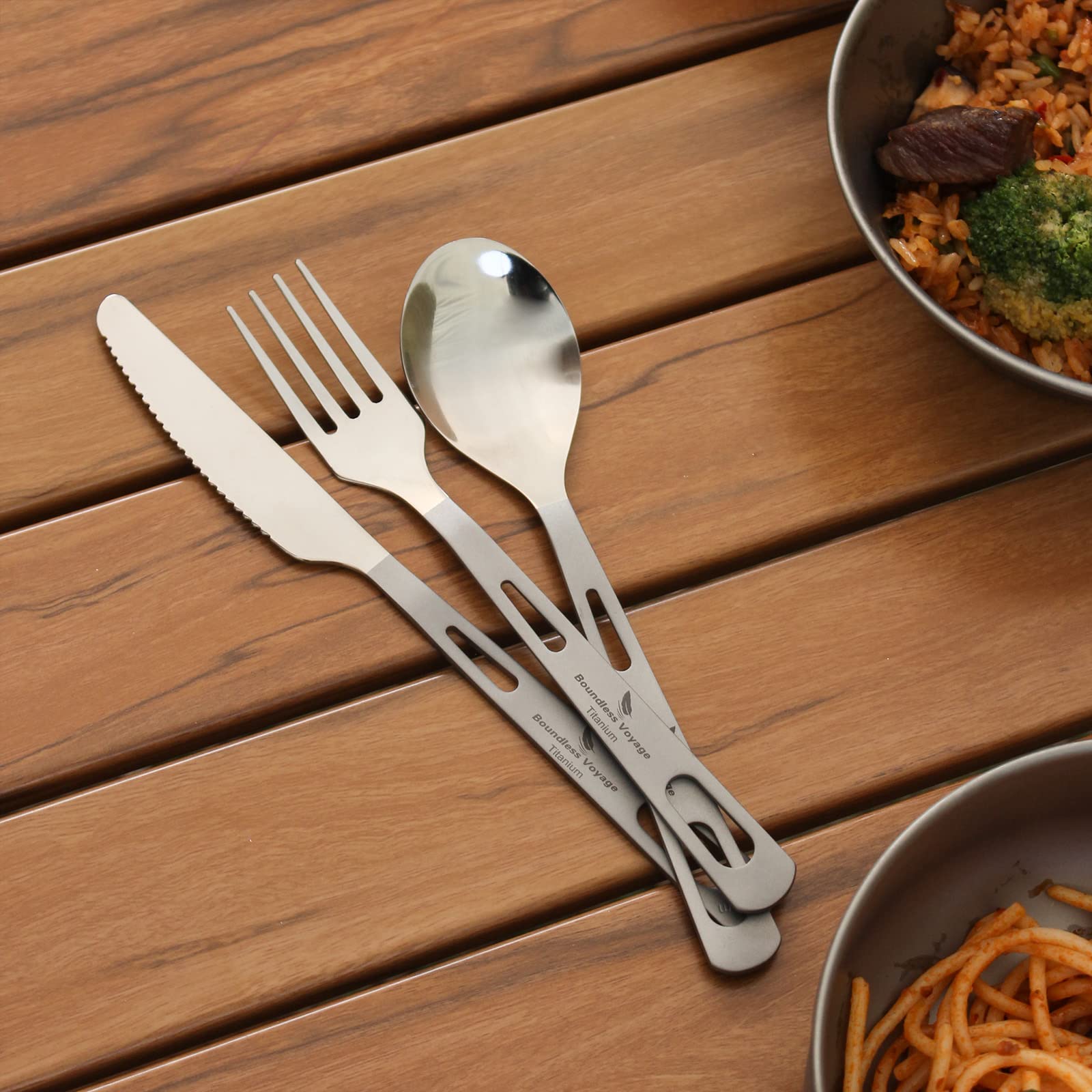 Boundless Voyage Titanium 3-Piece Cutlery Set - Lightweight Spoon, Fork & Knife for Camping, Hiking, Travel & Home Use | Durable & Portable Titanium Flatware Utensils | Eco-Friendly Tableware for Outdoor Adventures & Daily Dining