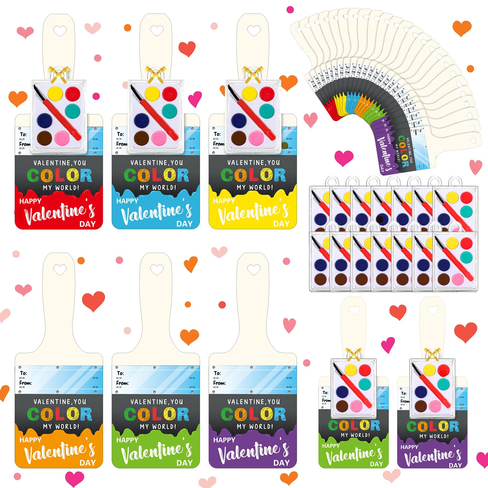 24 Pack Watercolor Paint Set with Valentine's Cards - 72 Piece Art Kit for Kids Classroom Gift Exchange, DIY Painting, Party Favors & Holiday Crafts (Includes 24 Watercolors, 24 Cards & 24 Gold Foil Ropes)