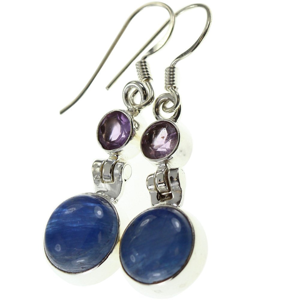 925 Sterling Silver Natural Kyanite & Amethyst Earrings - 1.5