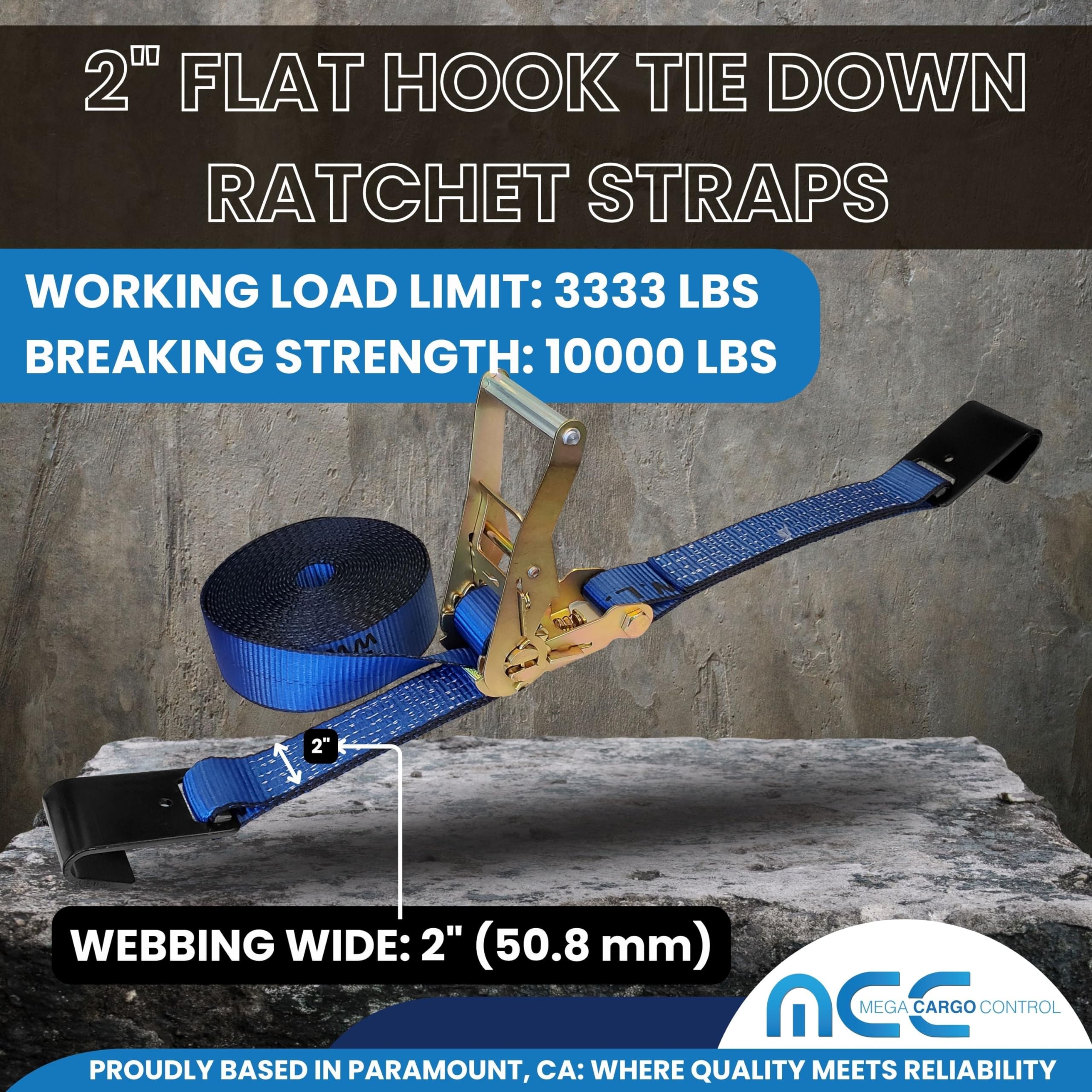 Heavy Duty Flat Hook Ratchet Straps (2-Pack) - 2 Inch x 60 Foot, 10,000 lbs Break Strength - Blue Tie Down Straps for Flatbed Trailers, Trucks & Cargo Securing - Perfect for Transporting Motorcycles, ATVs & Furniture