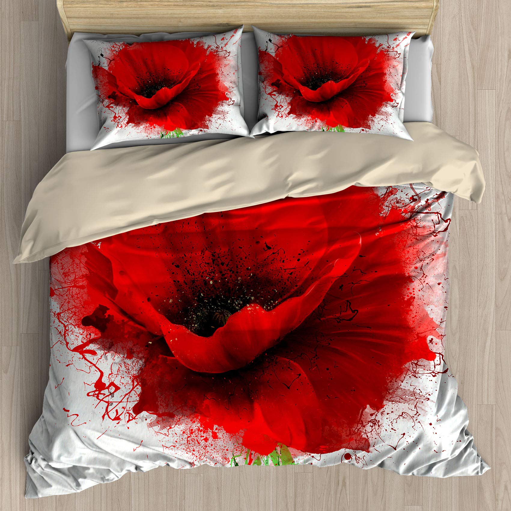 FEIDANNO Watercolor Duvet Cover Set King Size - Red Poppy Floral Design, 3-Piece Bedding Set with 2 Pillow Shams (Multicolor, King) | Soft & Breathable for All-Season Comfort | Perfect for Master Bedroom, Guest Room & Bohemian Home Decor