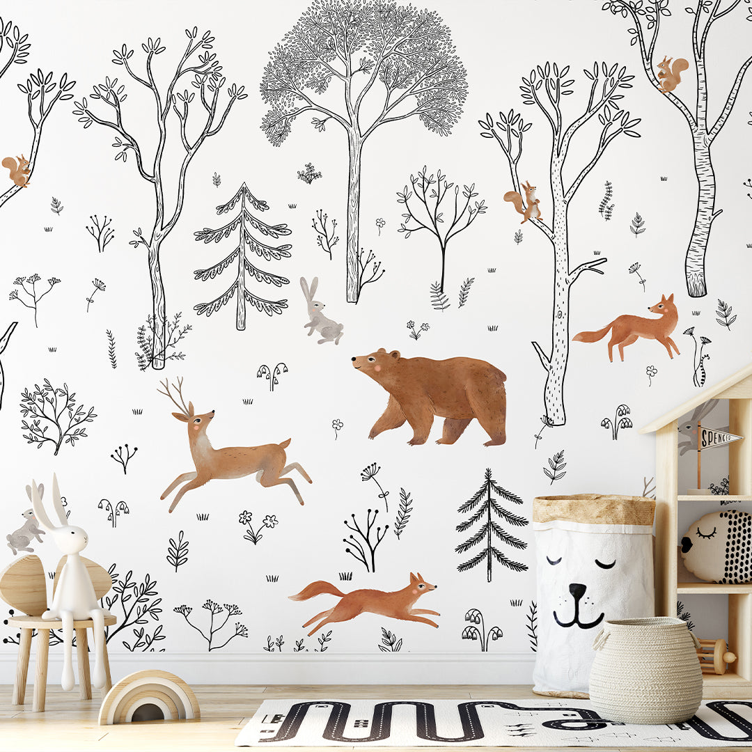 Black White Beige Forest Animals Wall Mural SM015 - Nature-Themed Peel and Stick Wallpaper for Nursery, Kids Room & Home Decor