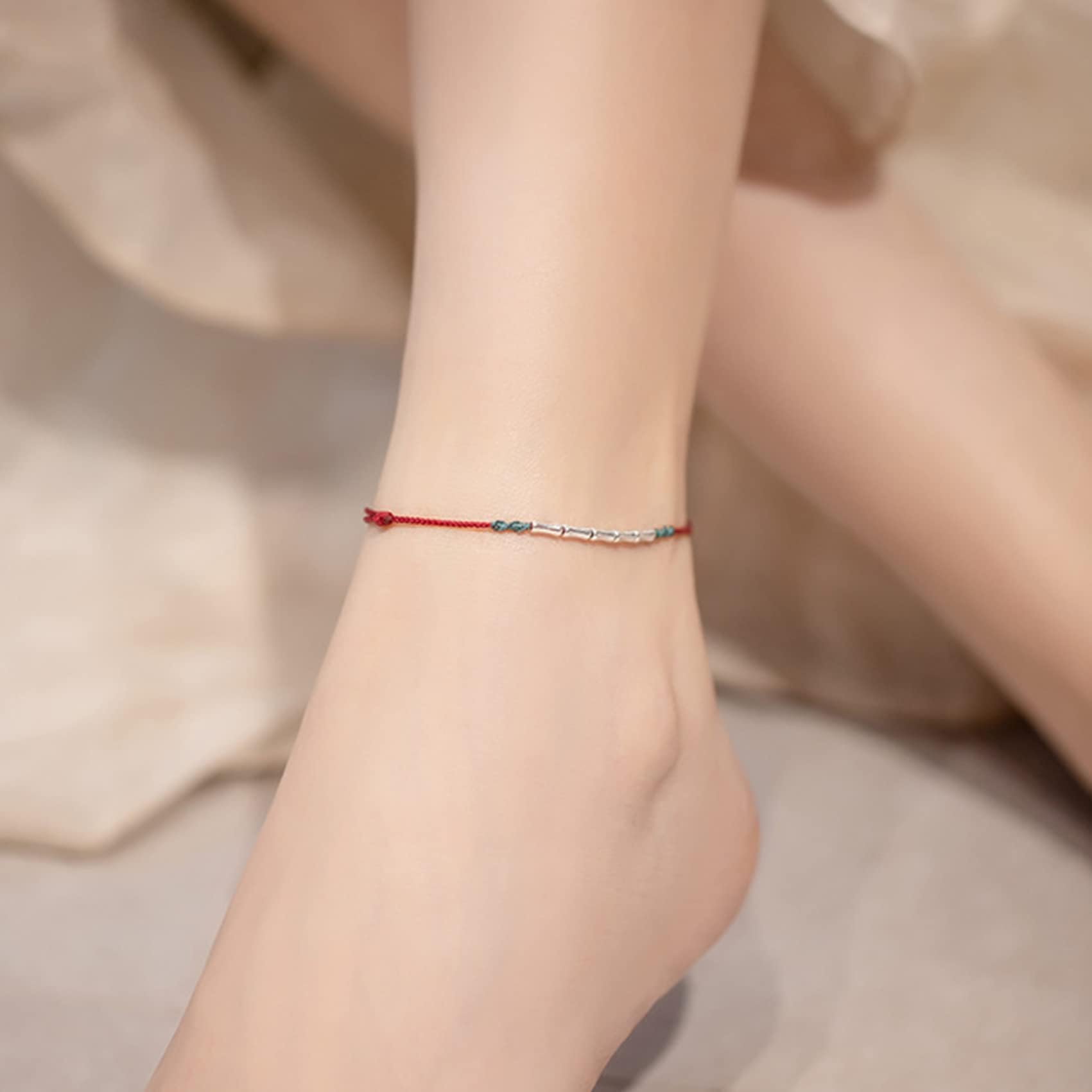 Feng Shui Bracelet - Sterling Silver Adjustable Lucky Red String Bracelet for Men & Women - Handmade Tibetan Buddhist Anklet for Good Luck & Protection - Perfect for Meditation, Yoga & Daily Wear