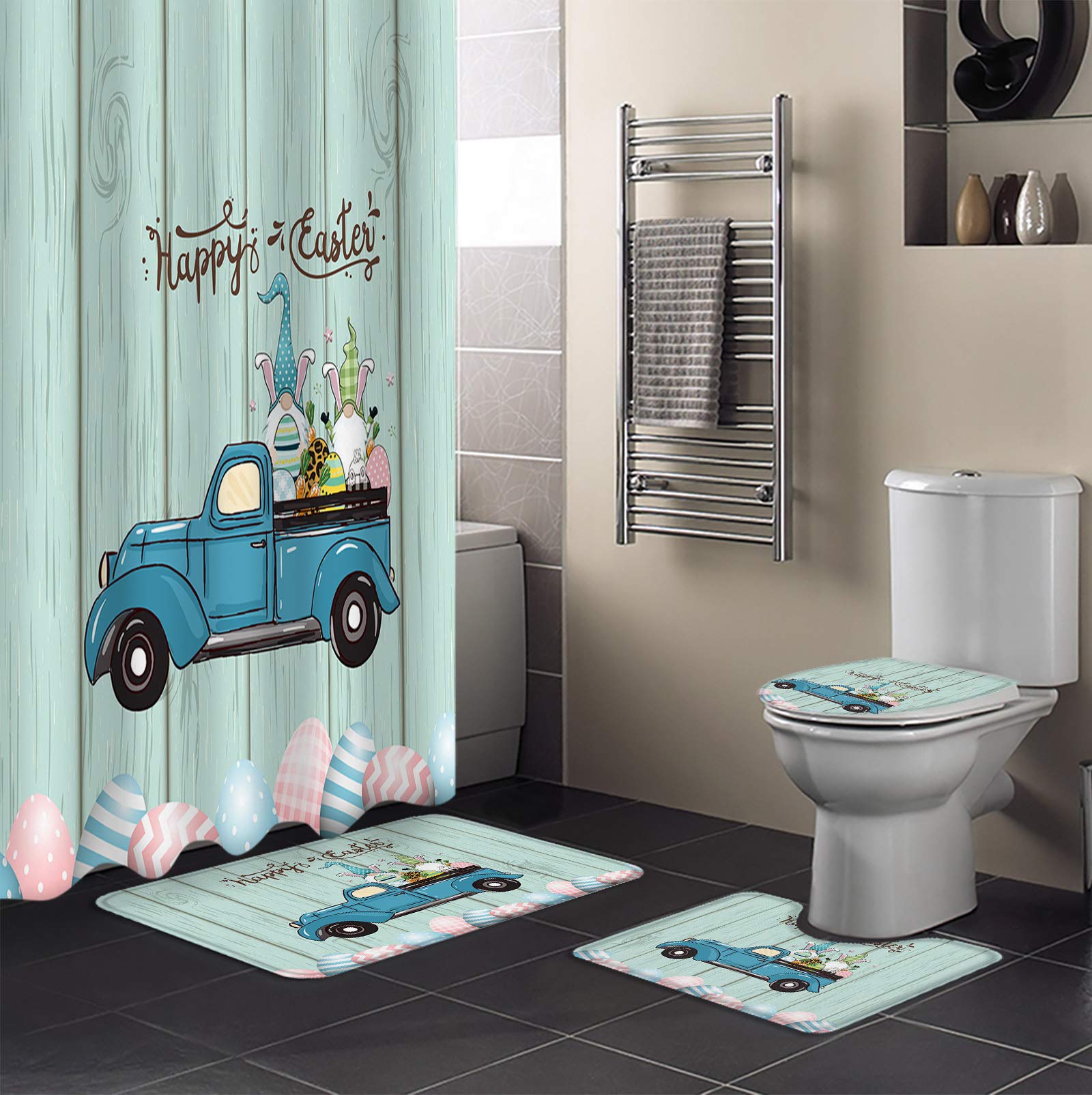 4-Piece Shower Curtain and Bath Rug Set - Easter Truck with Gnome Design, Colorful Eggs & Carrot Wood Plank Print, Non-Slip Absorbent Bath Mats, Toilet Lid Cover & U-Shaped Mat with 12 Hooks - Perfect for Easter Decor, Bathroom Makeover & Holiday Gift Giving