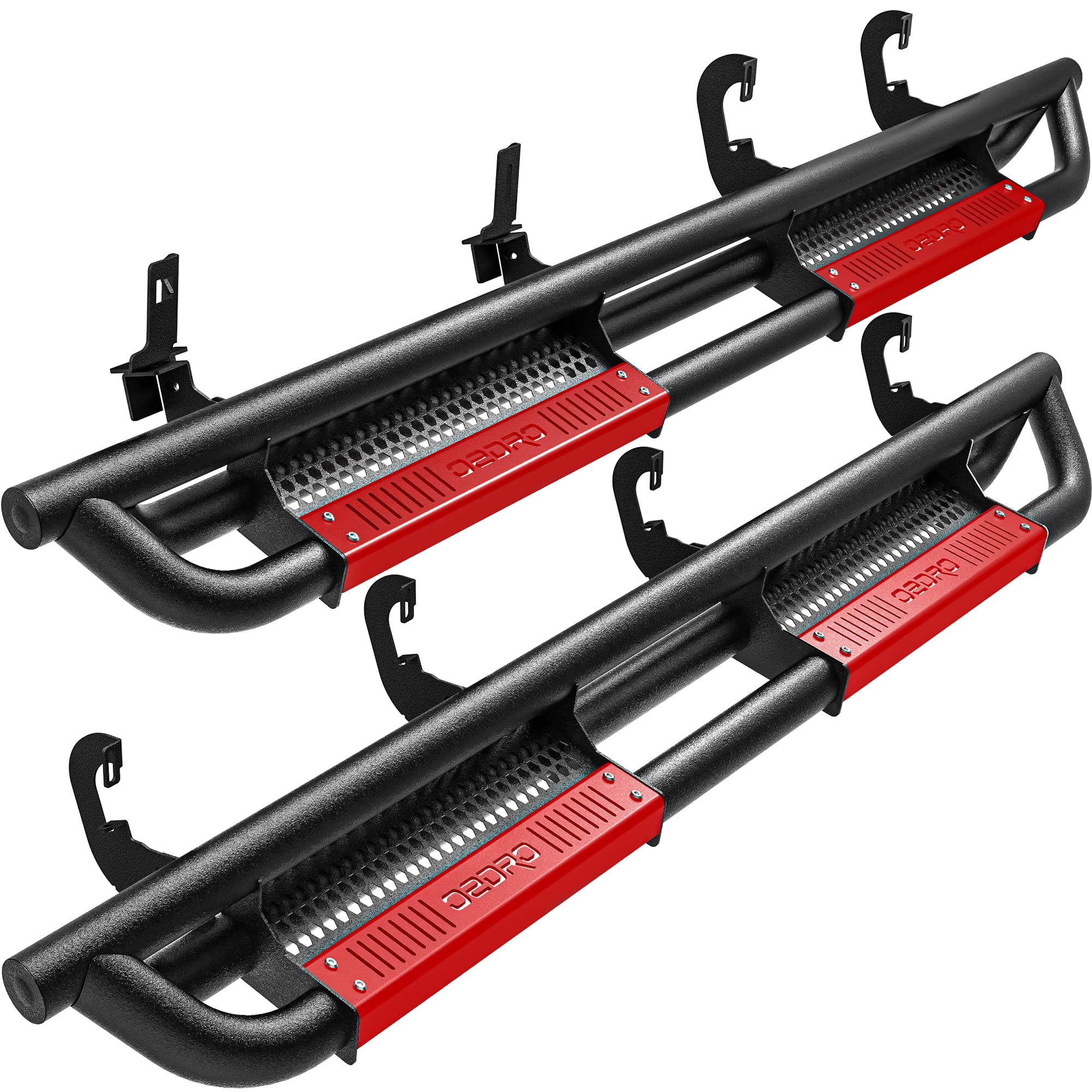 OEDRO 6 Inch Running Boards for 2007-2018 Chevy Silverado & GMC Sierra 1500 Crew Cab | 2007-2019 2500/3500HD | Bolt-On Side Steps with Paintable Step Plates | Black & Red Nerf Bars | Off-Road & Daily Driving Accessories