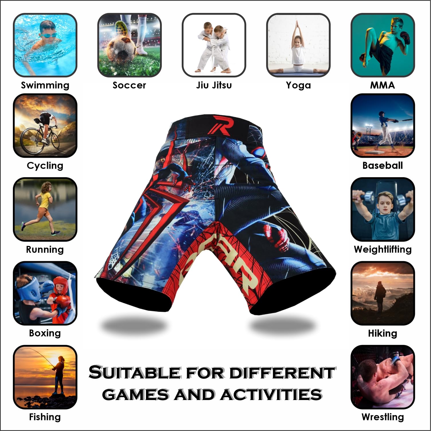 ROAR-INT Kids MMA Shorts - BJJ, Boxing, Muay Thai & Kickboxing Training Shorts for Boys & Girls - Lightweight & Durable Gym Workout Shorts for Grappling, Cross Training & Martial Arts Practice