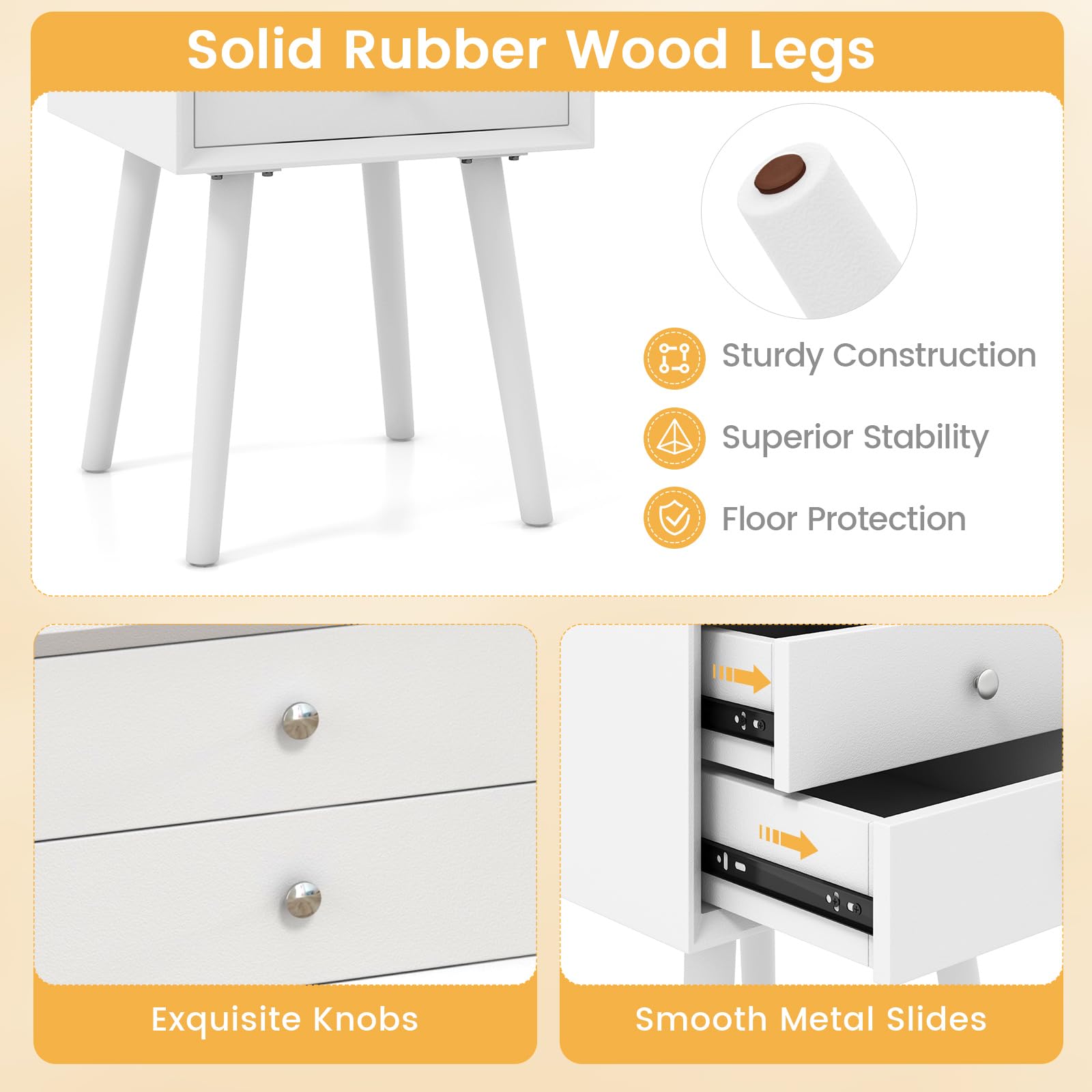Giantex White Nightstand with 2 Drawers - Solid Wood Bedside Table for Bedroom & Living Room