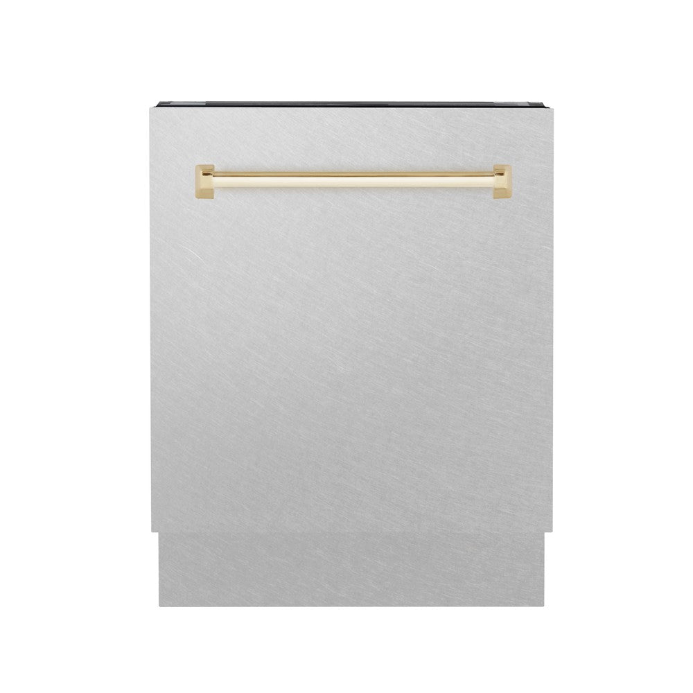 ZLINE Autograph Edition 24-inch Built-In Dishwasher with 3rd Rack - Satin Stainless Steel Panel & Polished Gold Handle - 51dBa Ultra Quiet - Perfect for Modern Kitchens & Open-Concept Homes (DWVZ SN 24 G)