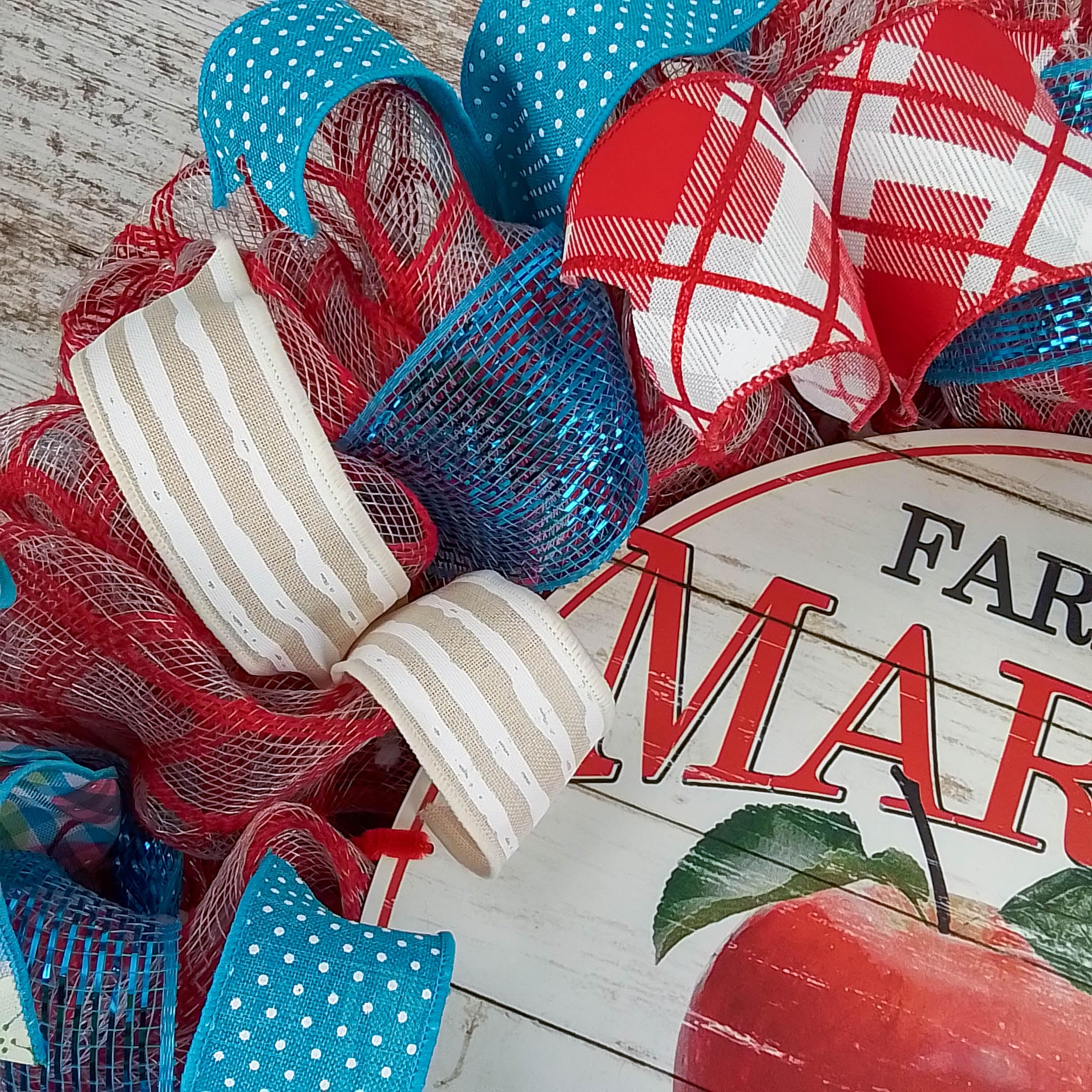 Apple Summer Wreath - Red Fruit Welcome Spring Decor - Front Porch Hanging Decorations - Turquoise & White - Perfect for Summer Home, Garden, and Front Door Decor