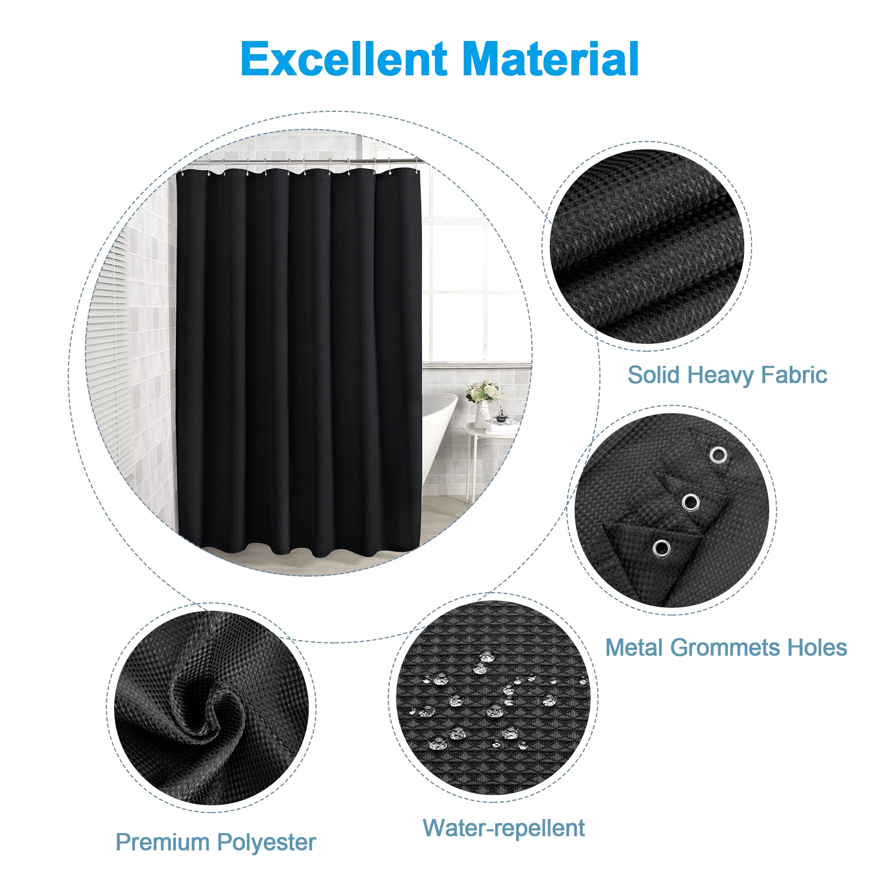 AmazerBath Waffle Weave Shower Curtain - Heavy Duty Hotel Quality Fabric Bathroom Curtain 72x78 Inches, Black - Perfect for Luxury Bathrooms & Spa-Like Showers