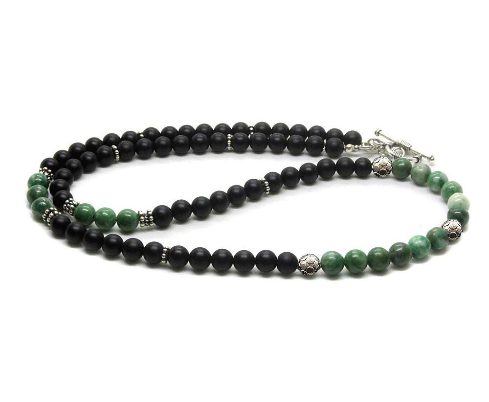 Men's Beaded Necklace - Jade & Onyx Stone Necklace with Silver Beads | Handmade Spiritual Jewelry for Meditation, Yoga & Boho Fashion