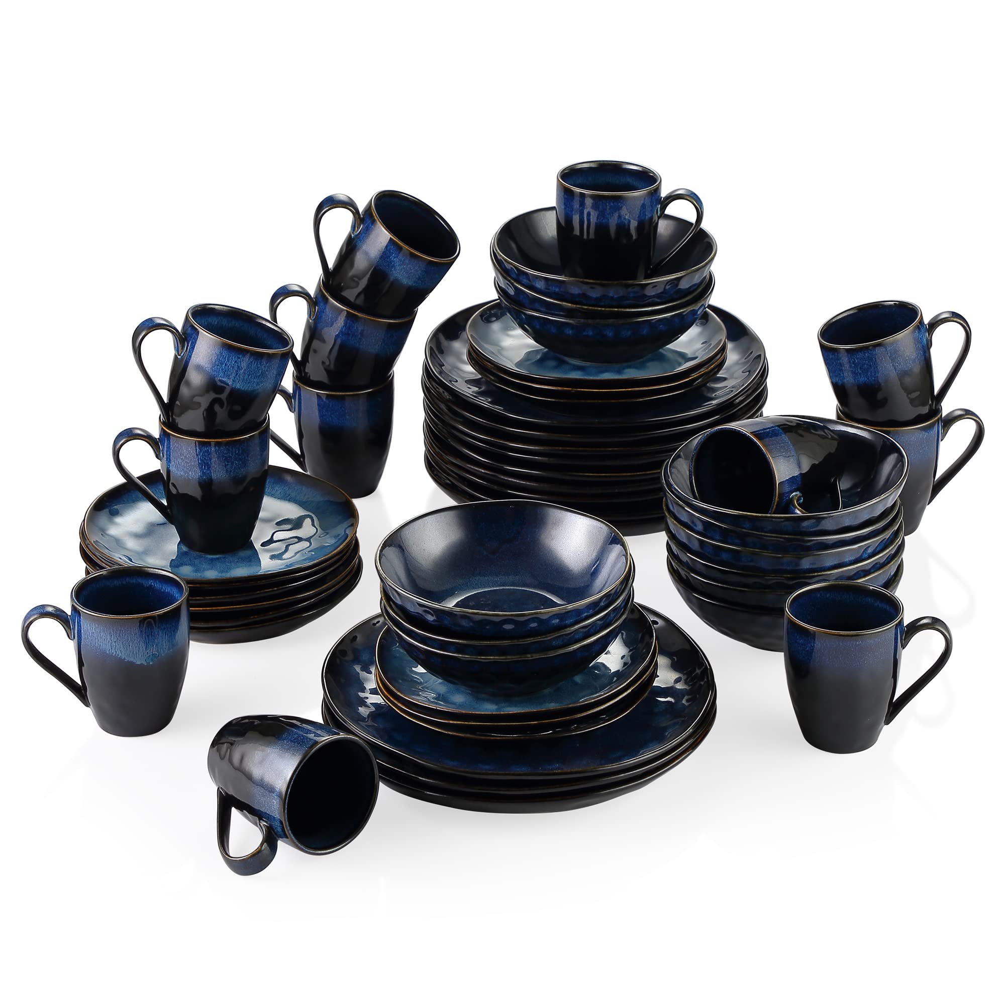 Vancasso 48-Piece Blue Round Stoneware Dinner Set | Reactive Glaze Change Dinner Plates, Dessert Plates, Bowls & Mugs | 12-Person Service Set with Starry Design | Perfect for Family Dinners, Holiday Entertaining & Restaurant Use