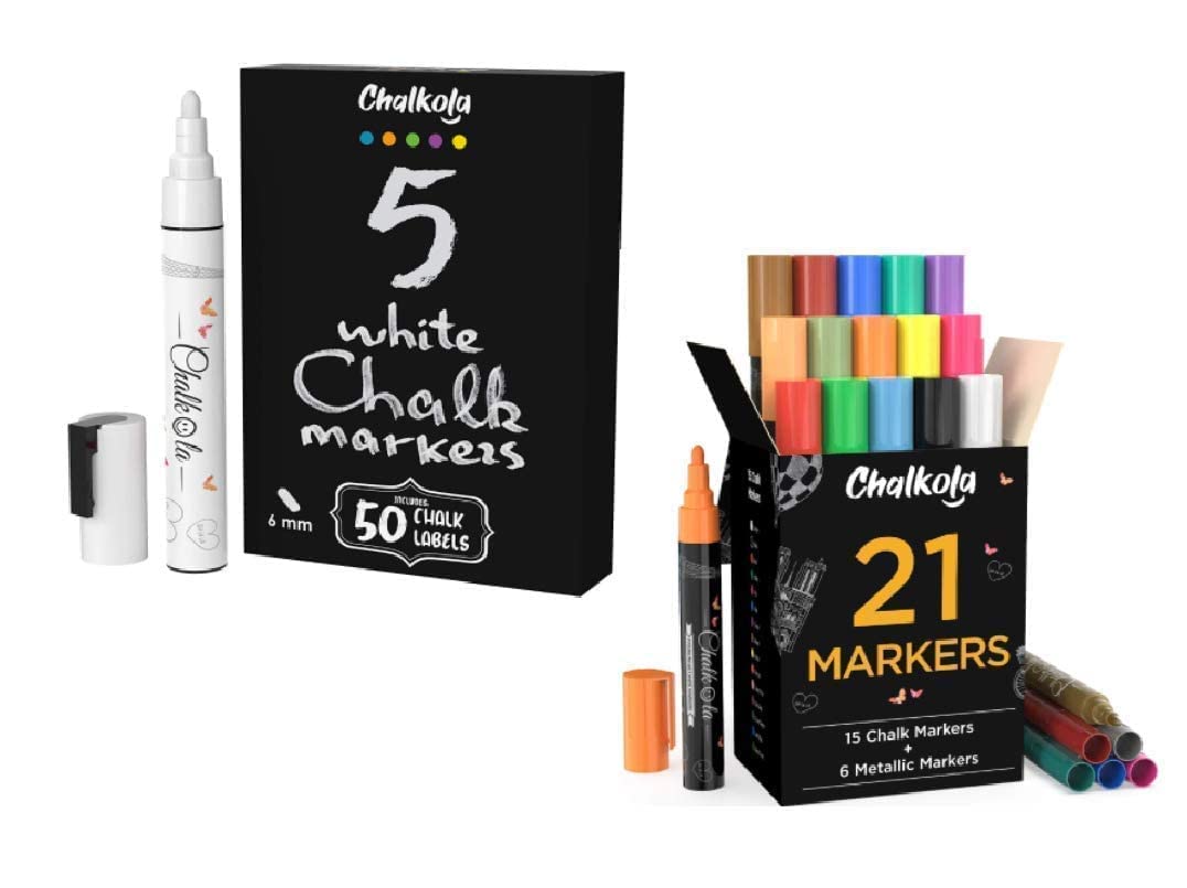 Vibrant Color Chalk Marker Set - 5 White + 21 Neon Chalk Pens for Kids & Adults | Perfect for Chalkboard Art, Signage, Restaurants, Classrooms & DIY Projects