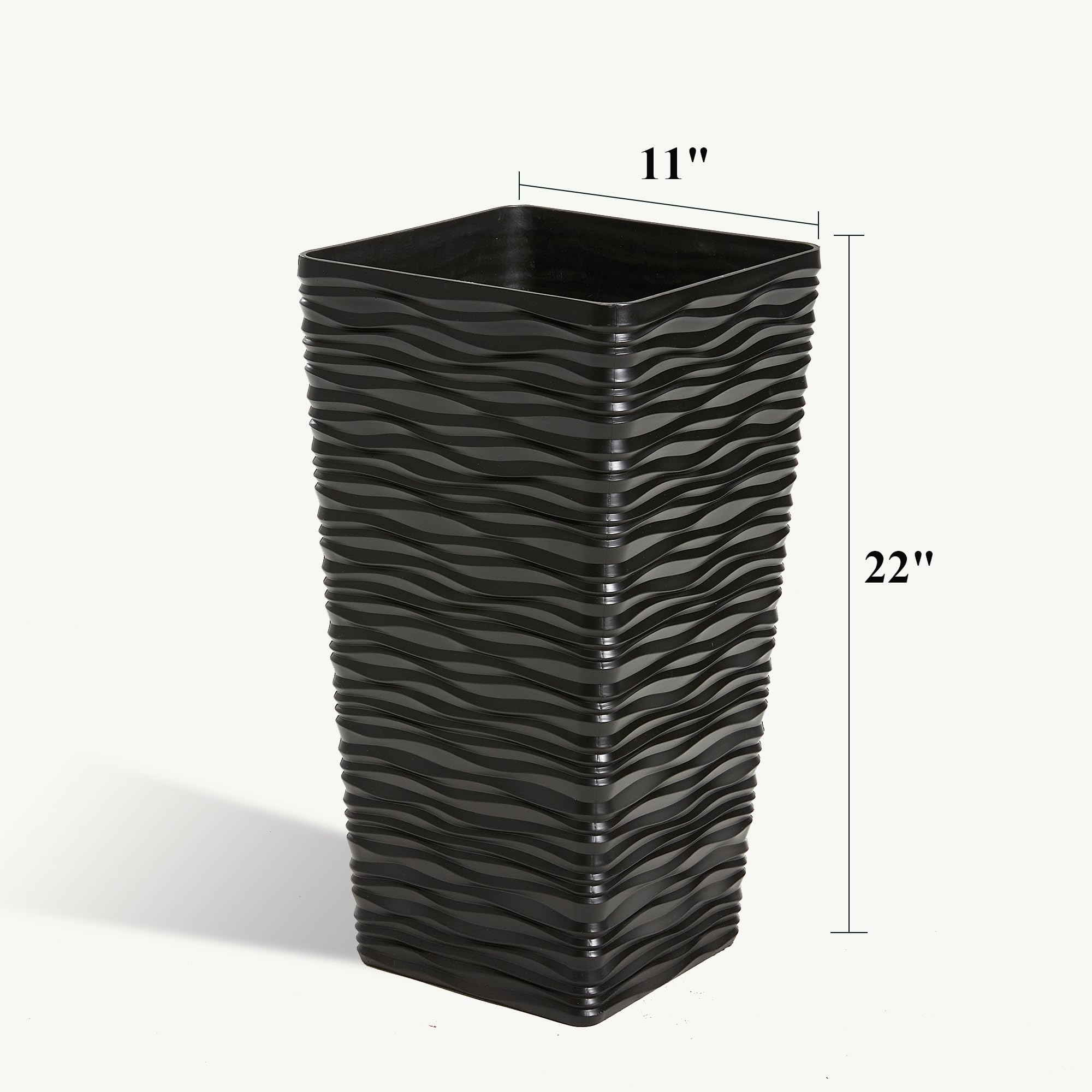 Worth Garden 2-Pack Black Tall Plastic Planter Pots - 22 Inch Square Tapered Indoor Outdoor Flower Pots with Modern Wavy Finish - Perfect for Front Porch, Patio, Deck & Garden Decor