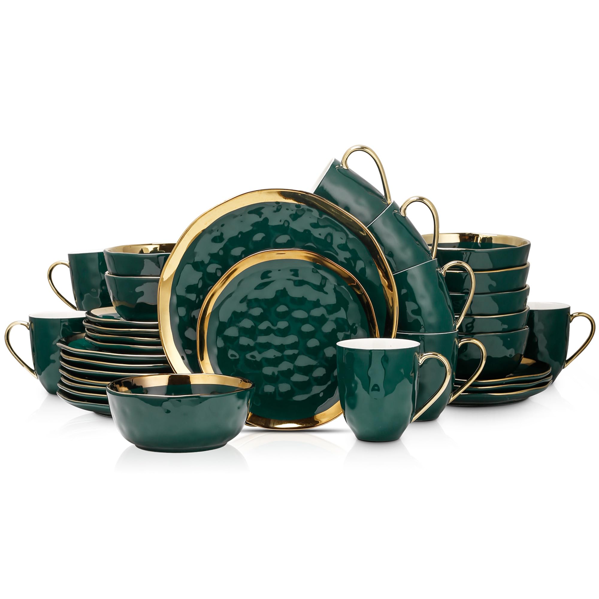 Premium 32-Piece Florian Modern Porcelain Dinnerware Set - Gold & Green Stone Lain Dish Set for 8, Elegant Porcelain Plates & Bowls - Perfect for Holiday Dinners, Wedding Registry & Upscale Entertaining
