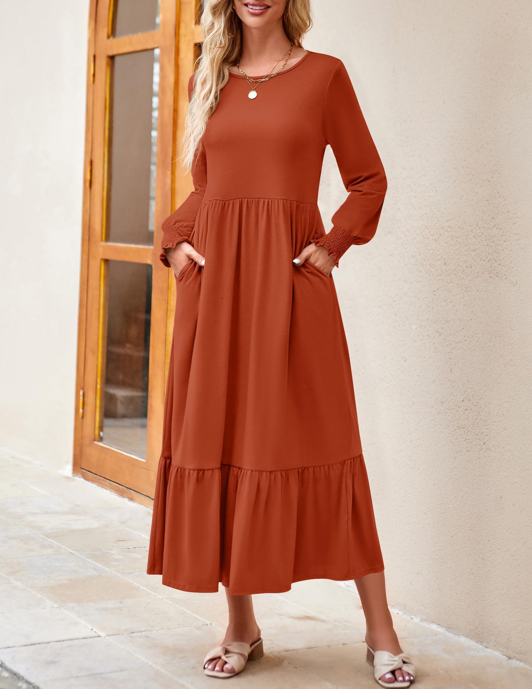 ZESICA Women's Spring Long Sleeve Dress 2025 - Crewneck Casual Loose Pleated Tiered Swing Midi Dress with Pockets | Perfect for Work, Date Night & Spring Outfits