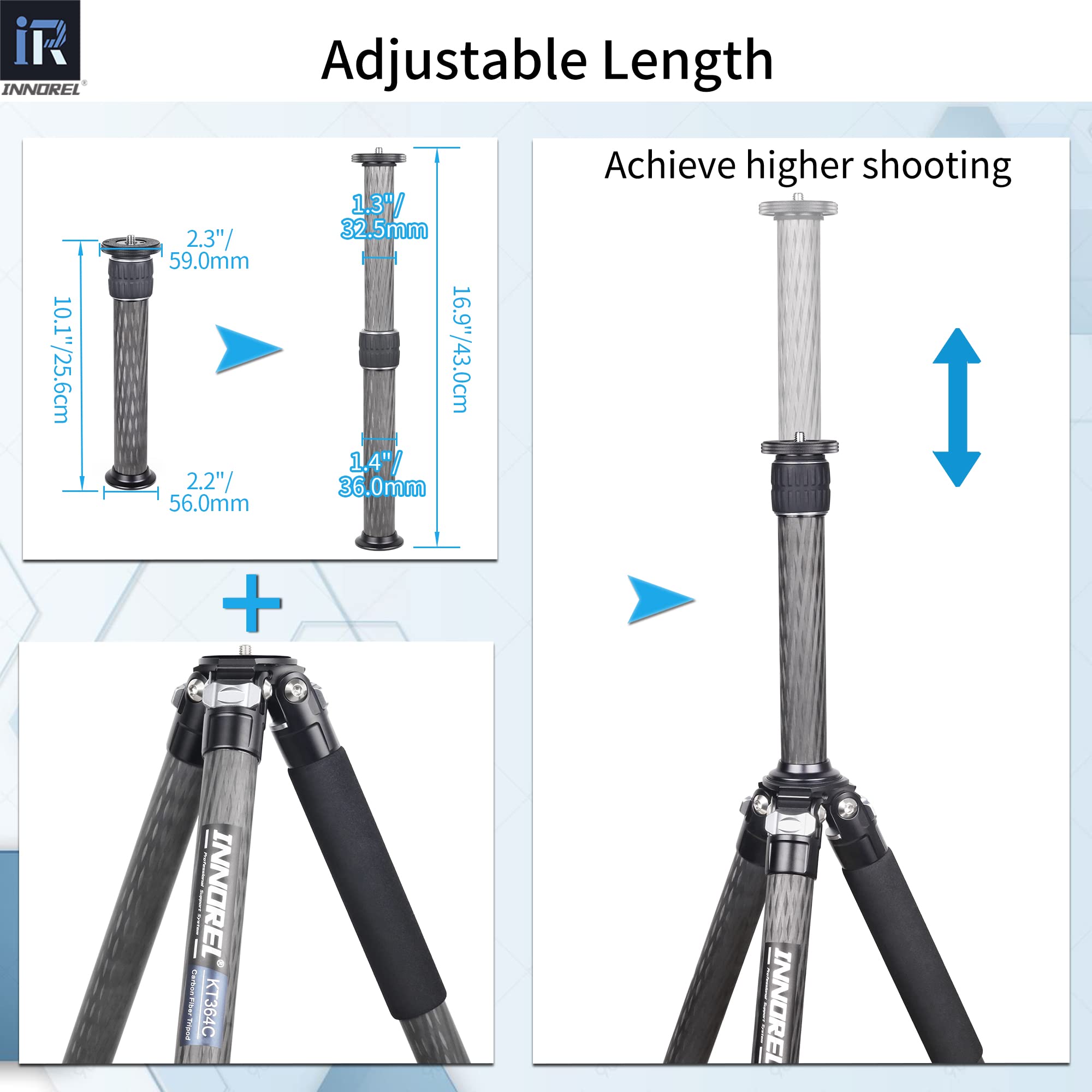 INNOREL ER362C 10-Layer Carbon Fiber Tripod Center Column Extension Pole - Heavy Duty 36mm Tube for DSLR Camera, Monopod & Tripod - Perfect for Outdoor Photography, Studio Shoots & Travel Videography