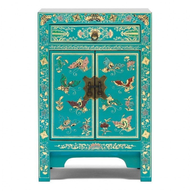Golden Dragon Oriental Painted Solid Wood Blue Bedside Cabinet - 40x35x60cm Nightstand with Storage for Bedroom, Living Room & Office Furniture Decor
