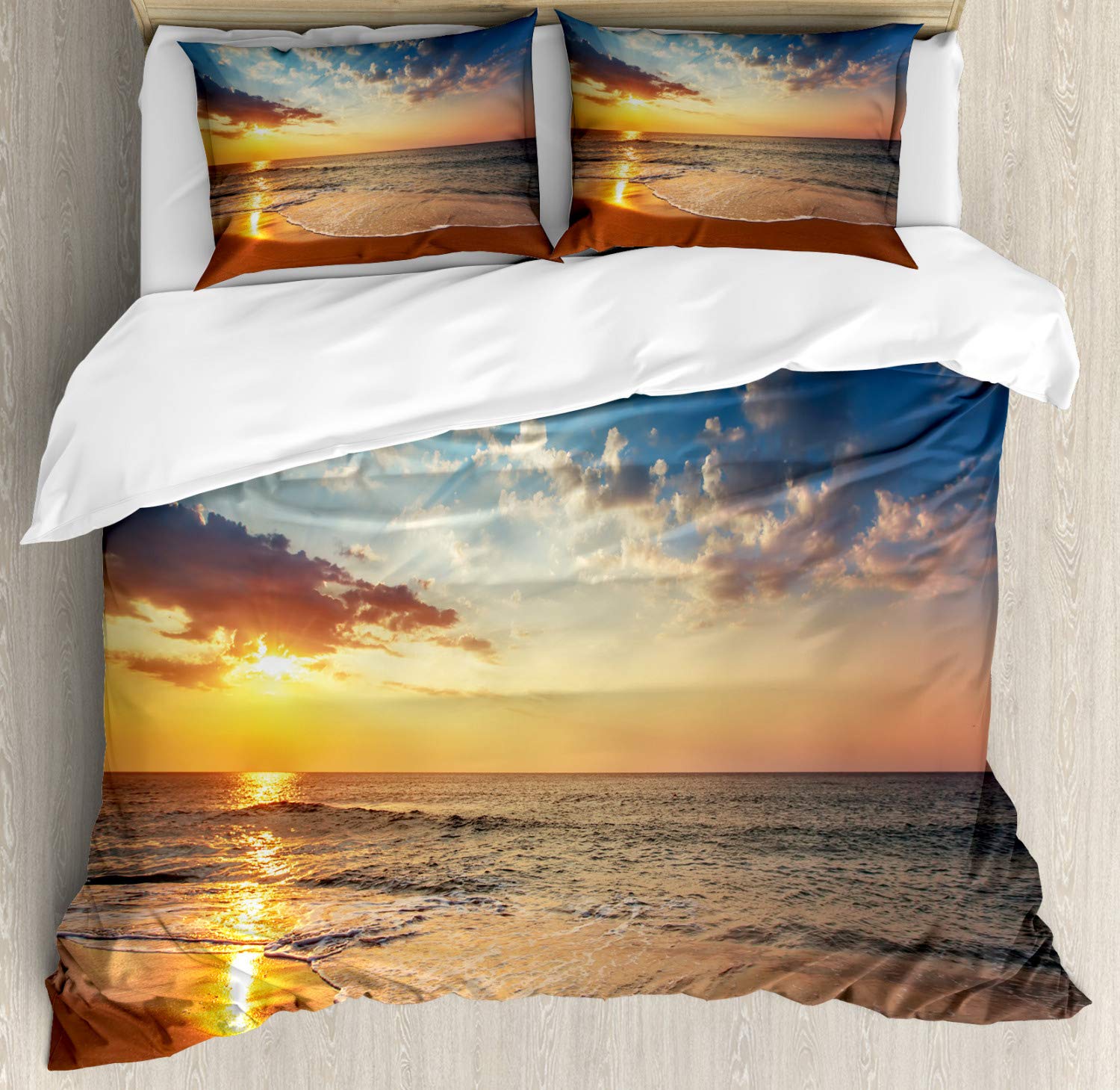 Ambesonne Ocean Duvet Cover Set - California King 3 Piece Bedding with 2 Pillow Shams, Blue Yellow Brown Cloudscape Design for Coastal & Beach Themed Bedrooms | Perfect for Honeymoon Travel Inspired Decor, Sunrise Panoramic Home Decor