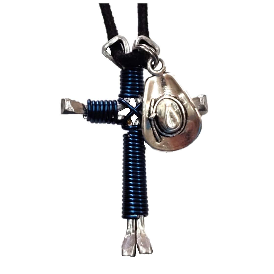 Navy Blue Horseshoe Nail Cross Pendant Necklace with Hat Charm - Perfect for Western Fashion, Cowboy Gifts & Christian Jewelry
