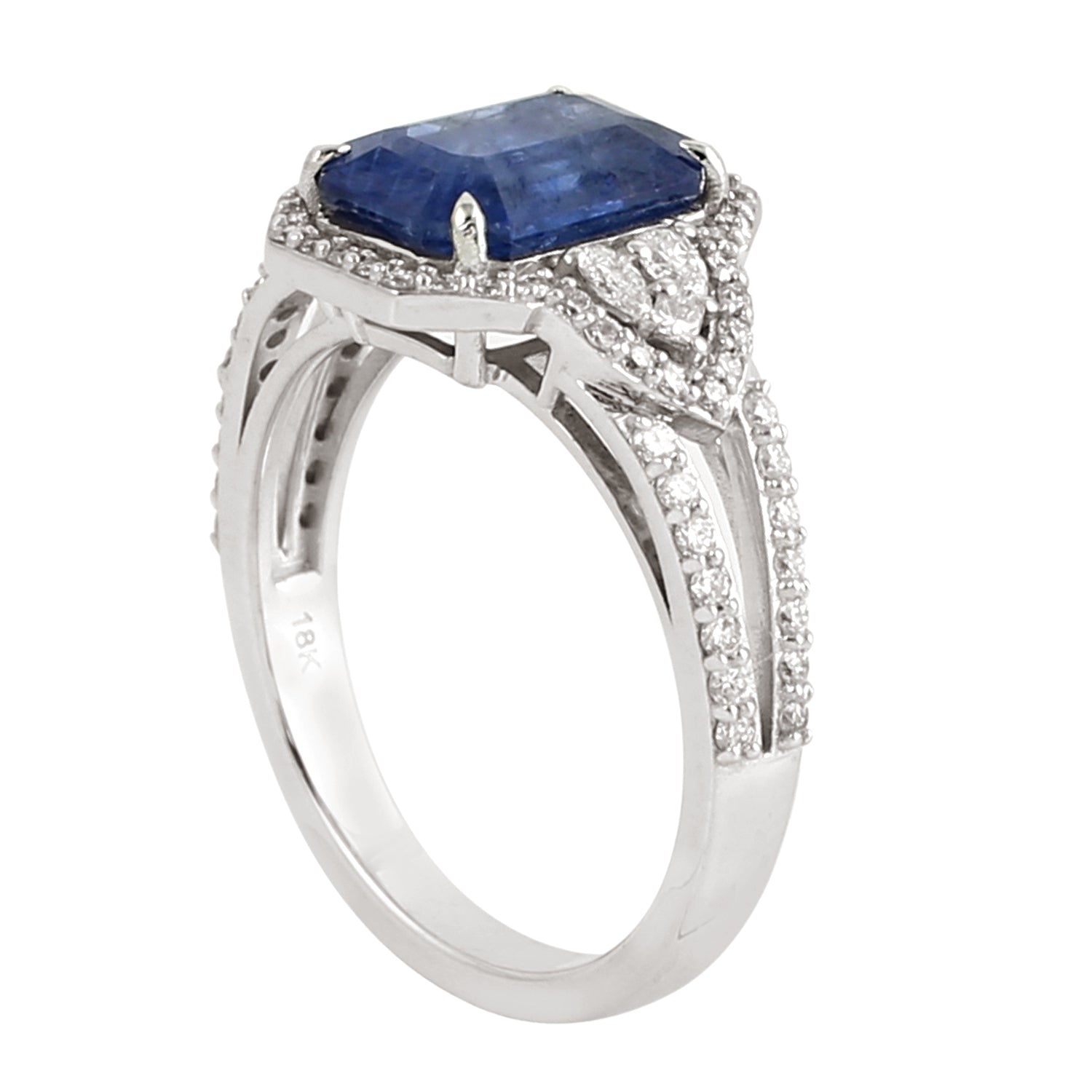 Emerald Cut Sapphire & Rose Cut Diamond Solitaire Ring in 14K White Gold for Women - Perfect for Engagement, Anniversary & Special Occasions