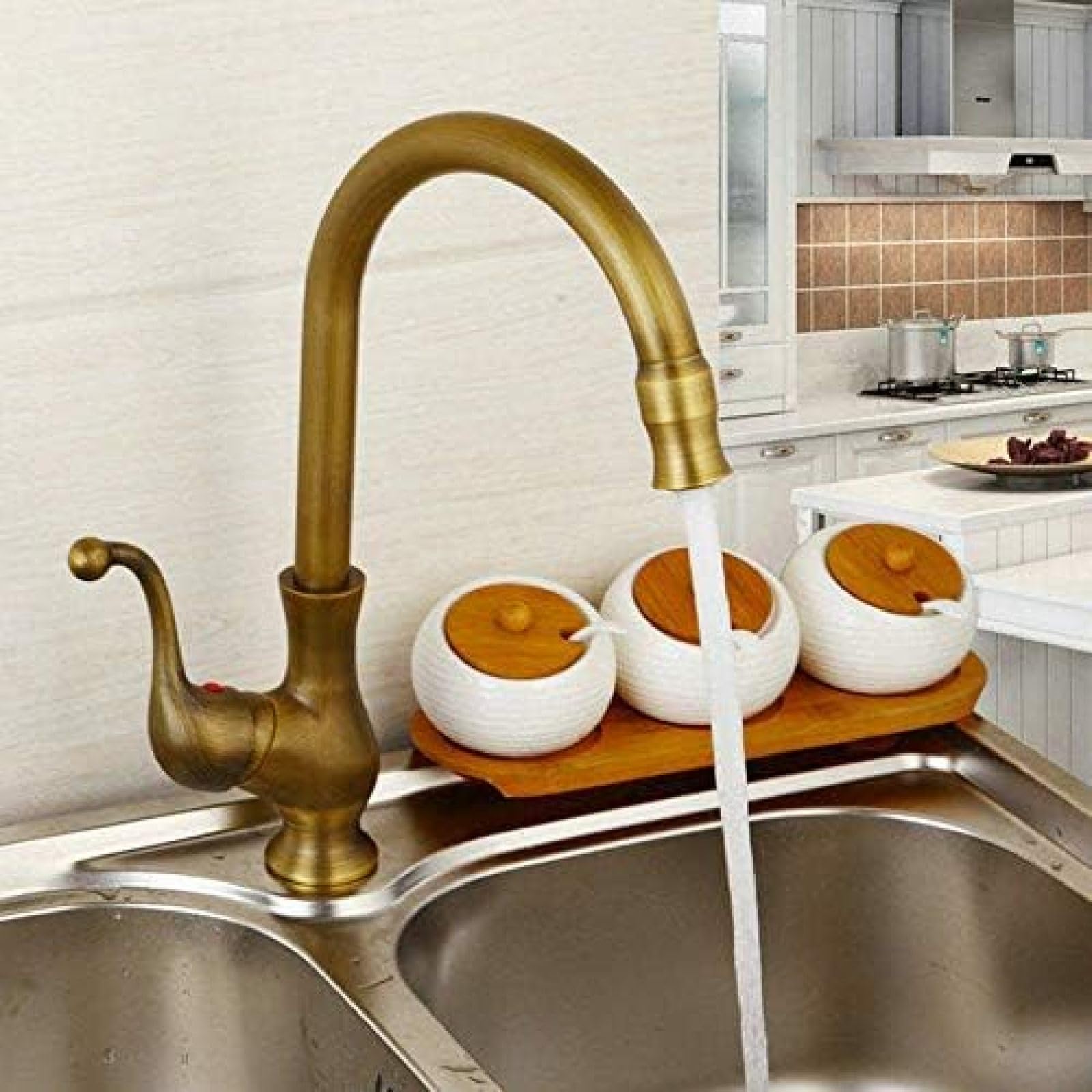CRJUS Antique Brass Single Handle Kitchen Faucet with Swivel Spout - Vessel Sink Mixer Tap for Modern Farmhouse & Vintage Style Kitchens (Perfect for Bar Sinks, Prep Areas & Small Kitchen Islands)
