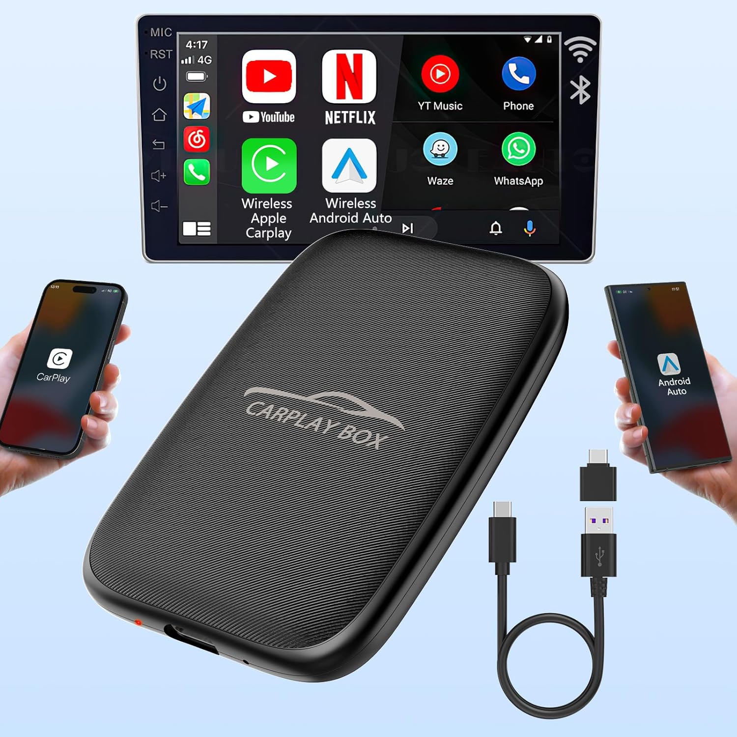 2-in-1 Wireless CarPlay & Android Auto Adapter - Convert Wired to Wireless for Factory Cars | Enjoy Netflix & YouTube on Road