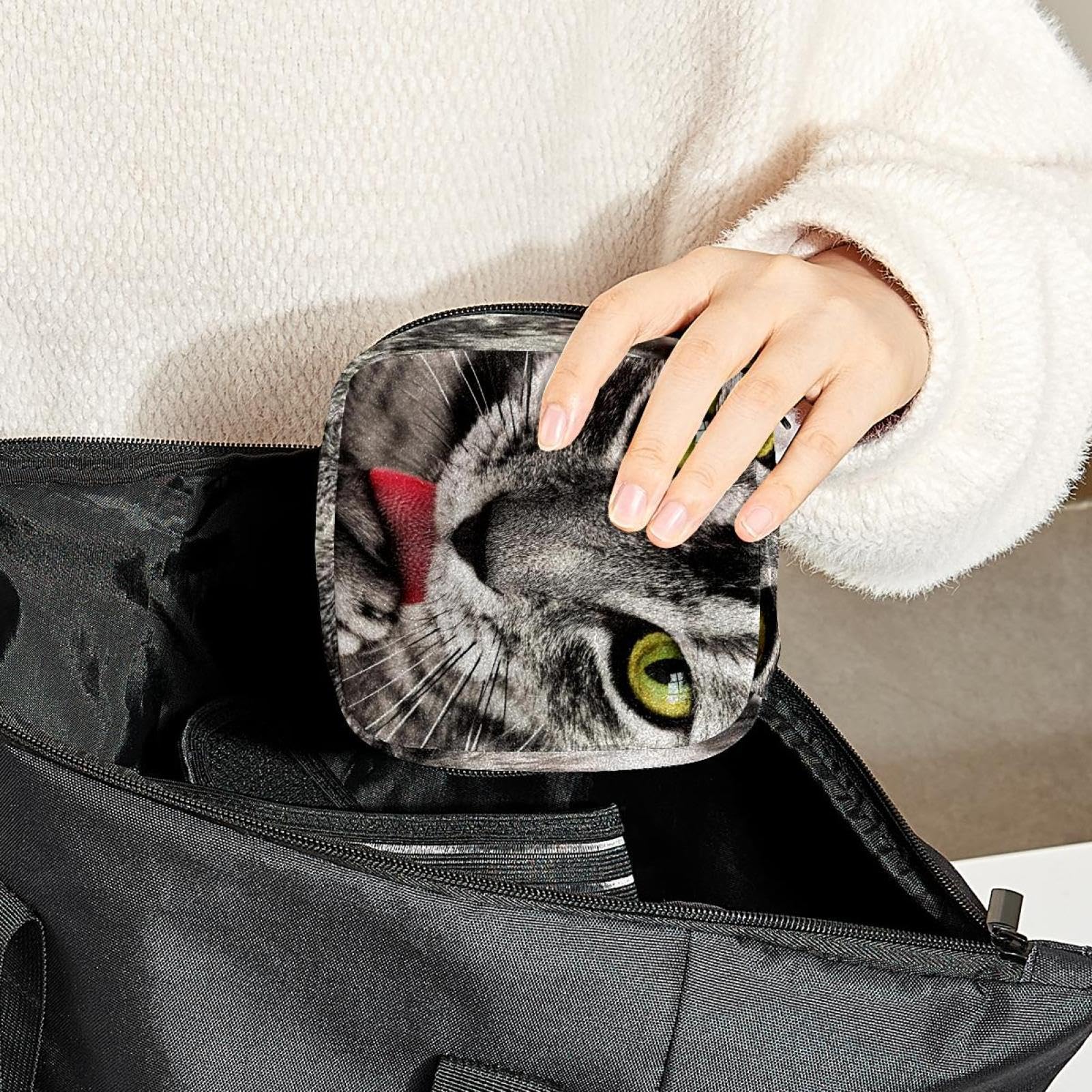 Cat Print Menstrual Cup Organizer & Sanitary Pad Holder - Portable Travel Pouch for Women & Girls - Perfect for School, Gym, Office & On-the-Go Use