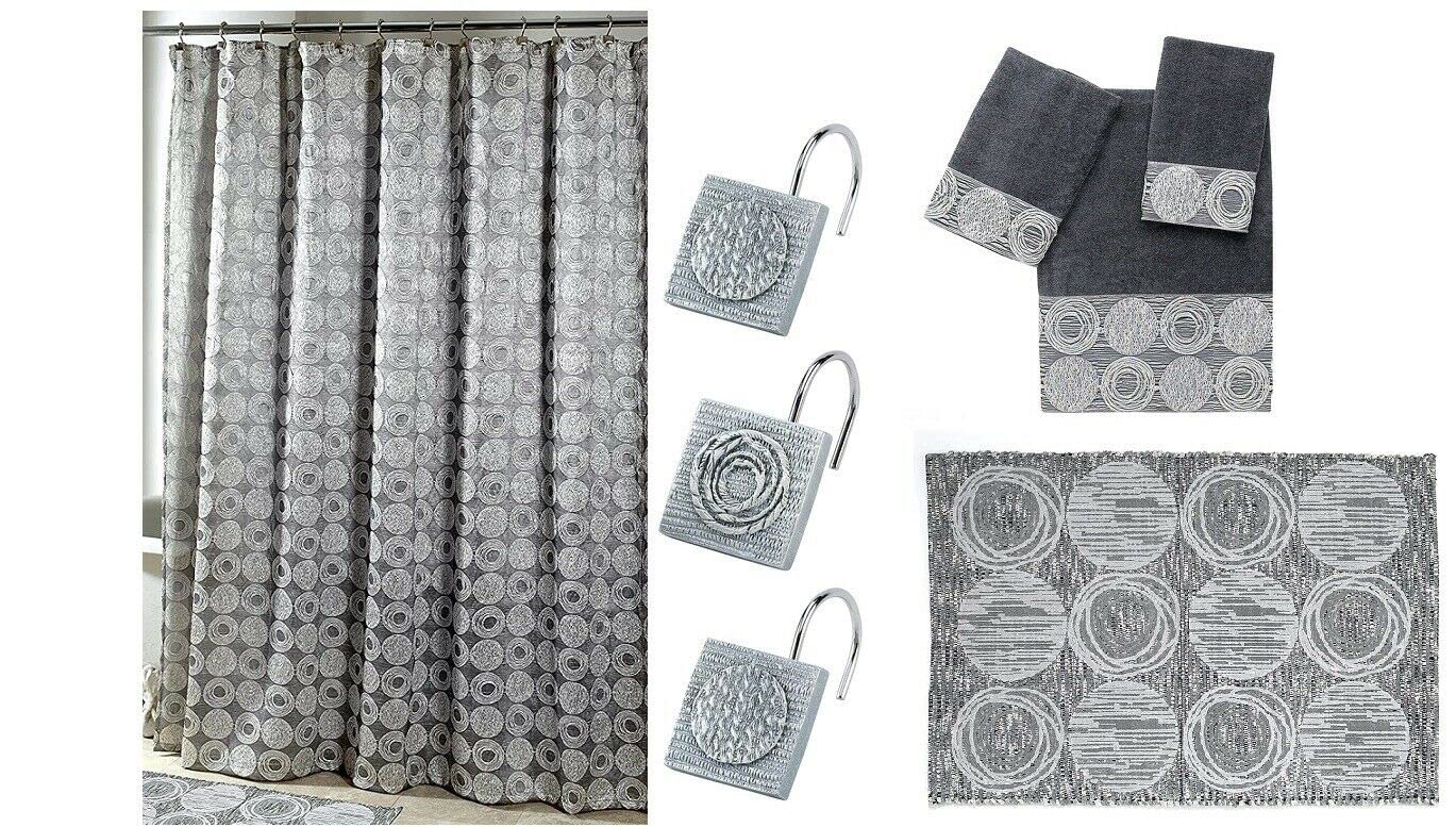 Avanti Linens Galaxy Bathroom Set - 6 Piece Shower Curtain, Hooks, Bath Mat, Towels (Bath/Hand/Fingertip) in Silver | Complete Bath Accessories for Modern Homes & Guest Bathrooms