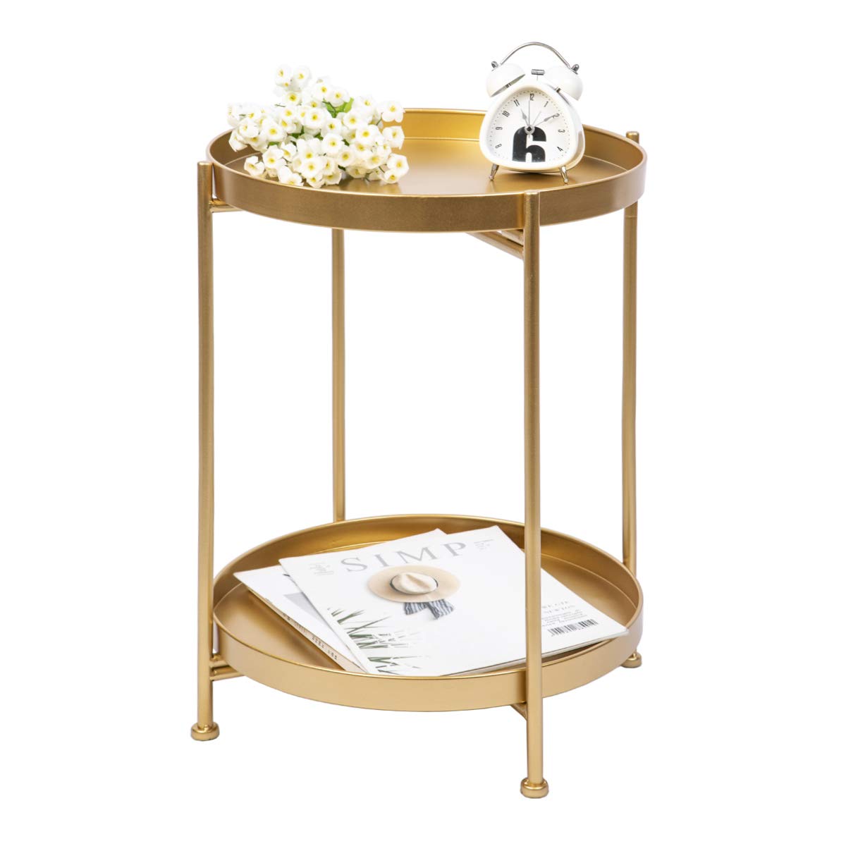 2-Tier Round Folding Side Table with Removable Tray - Gold Metal End Table for Living Room, Bedroom, Patio - Perfect for Coffee, Snacks, Books (15.7