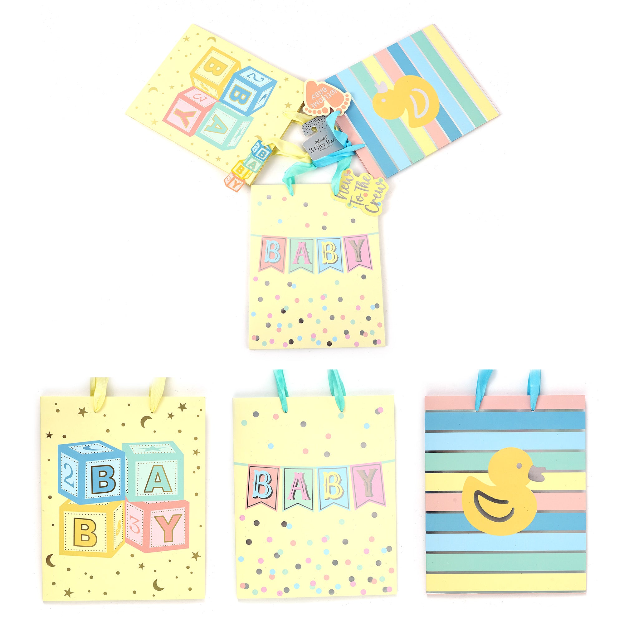 3-Pack Large Baby Hot Stamp Gift Bags - Neutral Baby Block Pattern, 3 Adorable Designs | Perfect for Baby Showers, Birthday Parties & Gender Reveals