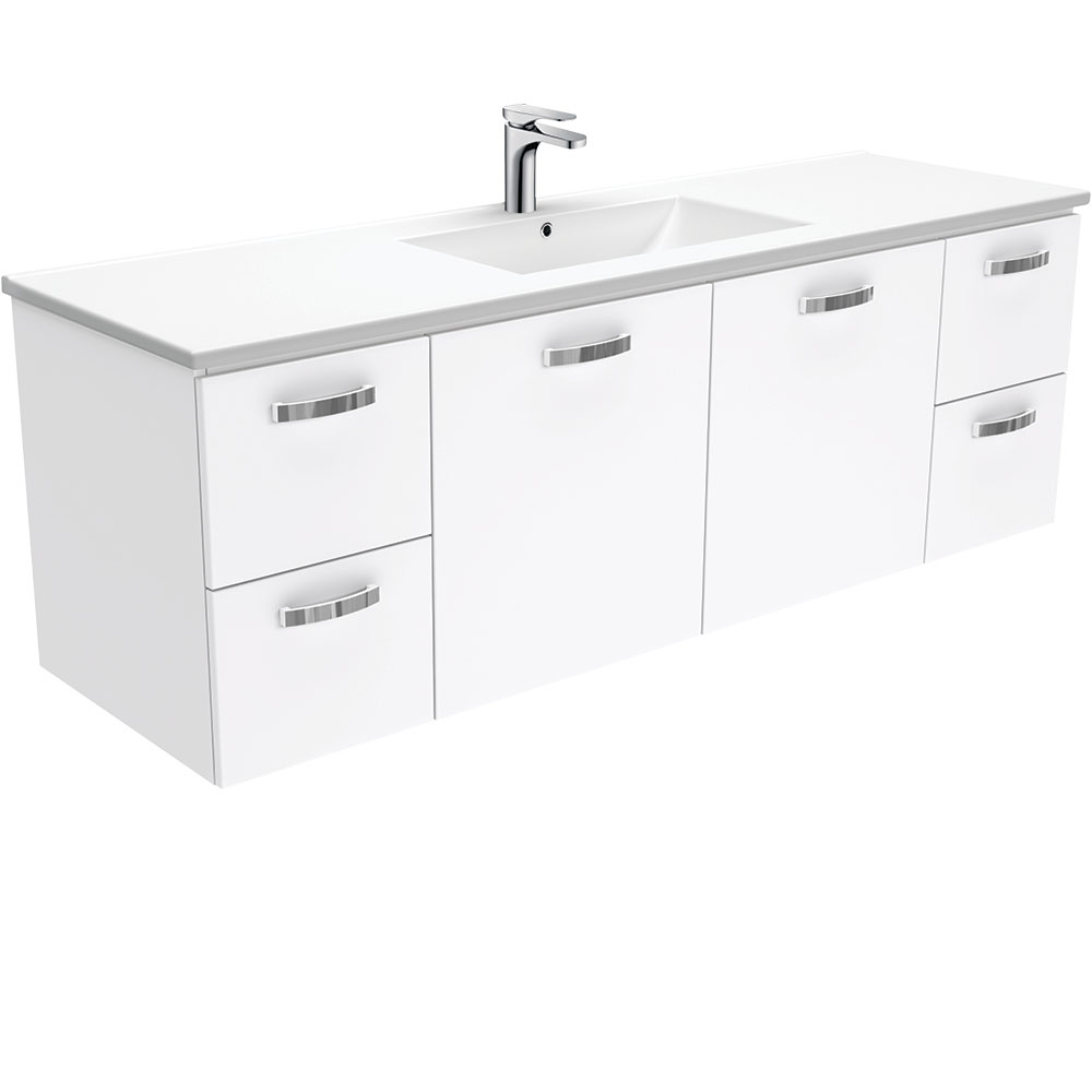 Fienza TCL150JS Dolce Ceramic 1500mm Wall Mounted Bathroom Vanity with Handles - Single Bowl White Sink for Modern Bathroom Design | Space Saving Solution for Small Bathrooms