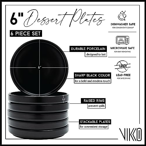 Vikko 6-Piece Elegant Black Porcelain Dessert Plate Set with Rim - 6 Inch Stackable, Dishwasher Safe for Parties, Weddings & Home Dining