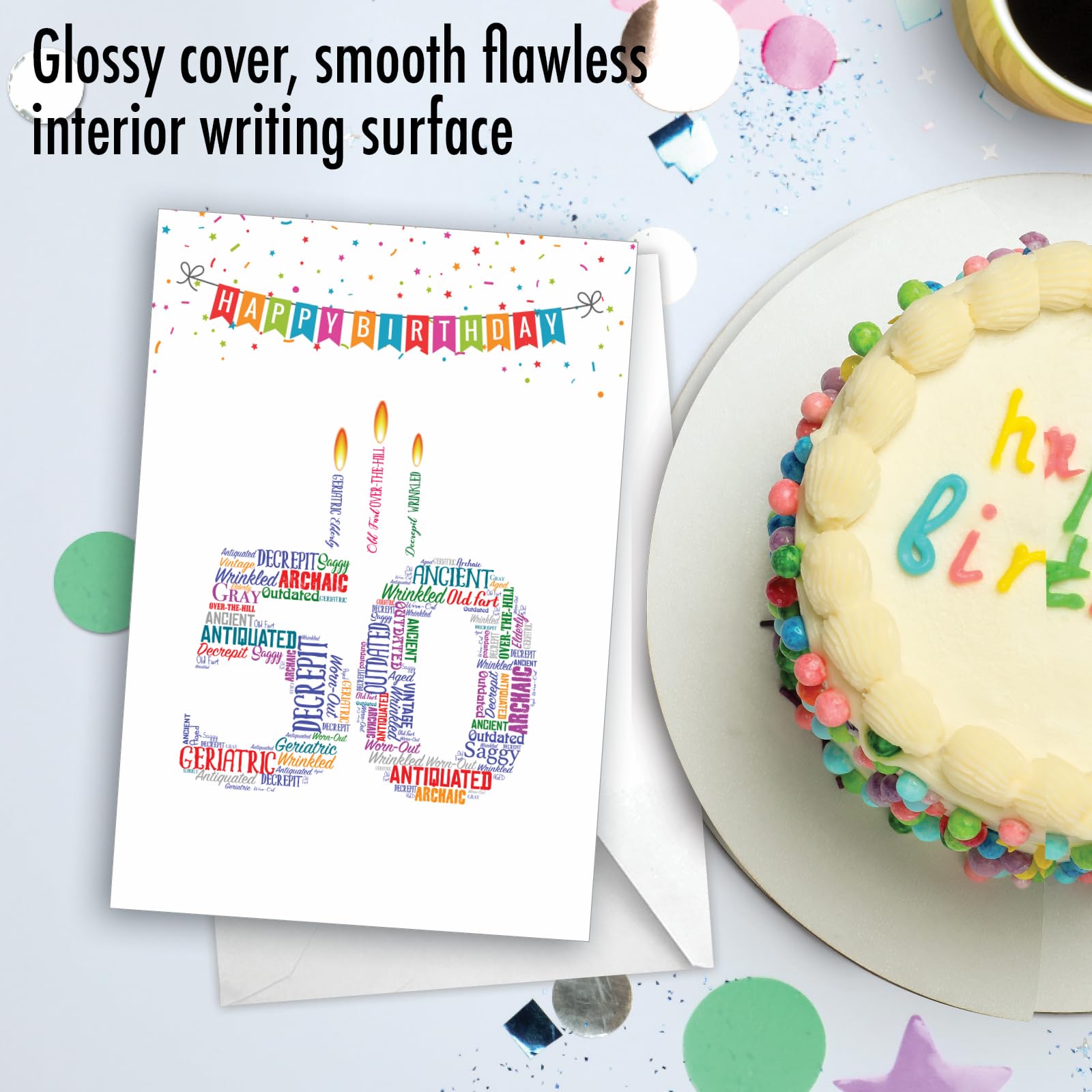 Funny 50th Birthday Card - Milestone 50 Years Celebration Notecard with Envelope - Humorous Word Cloud Design C3249MBG - Perfect for Husband, Wife, Friend & Coworker Birthday Gifts