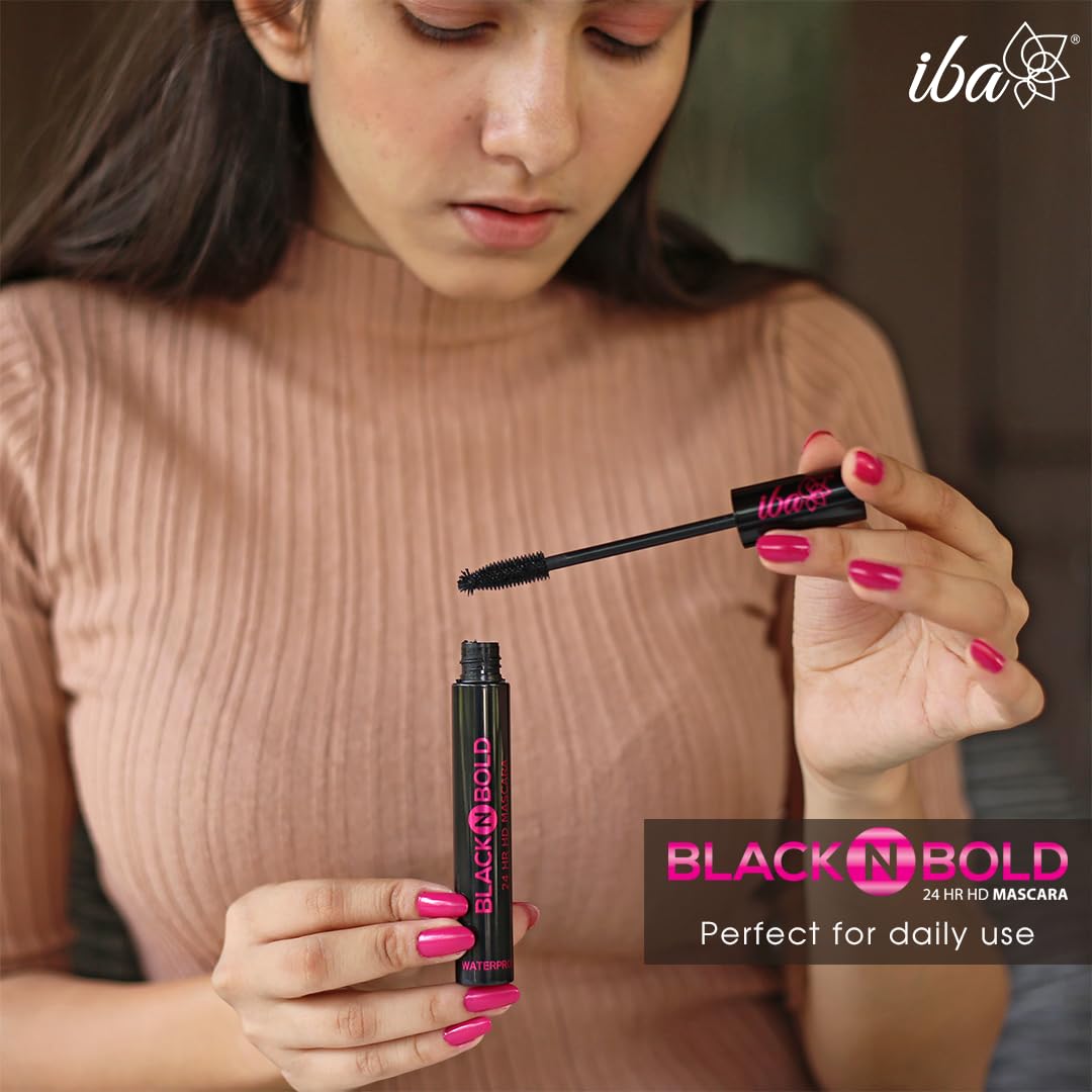 Iba Black N Bold 24 Hour HD Waterproof Mascara - Lengthening, Curling & Volumizing (8ml, Black) | 100% Vegan & Cruelty-Free | Perfect for Long-Lasting Wear, Special Occasions & Everyday Glam