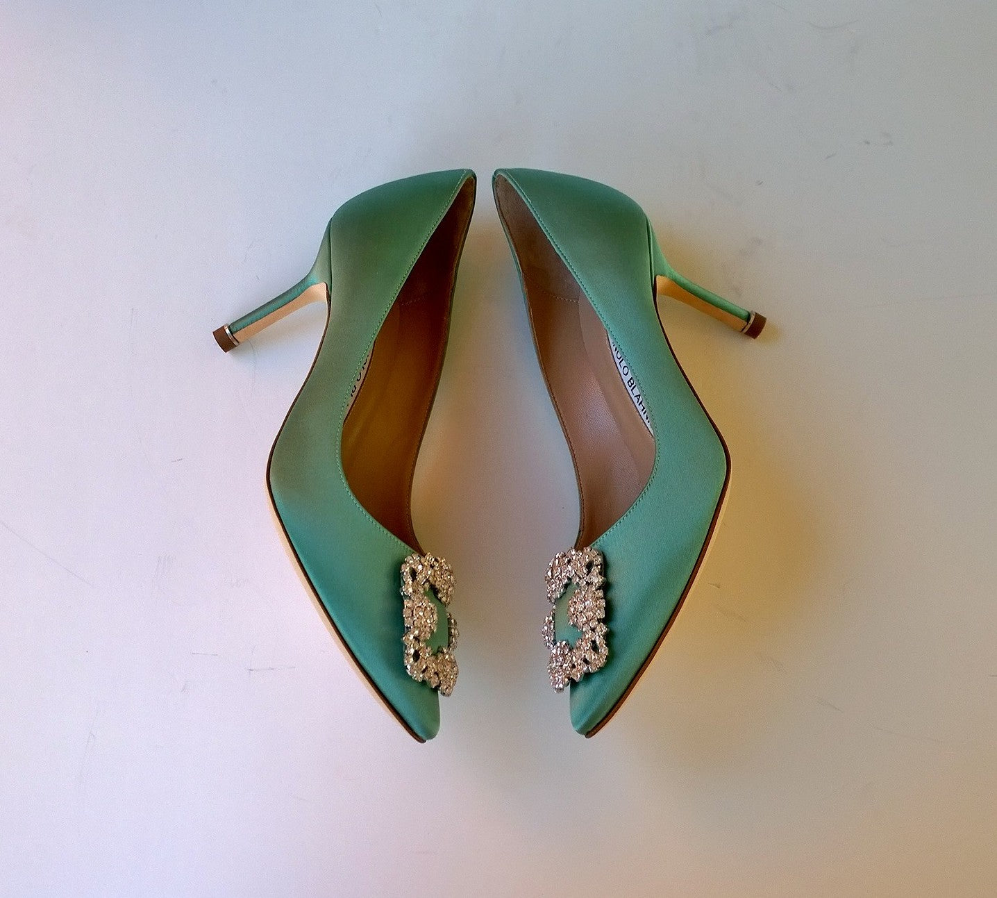 Manolo Blahnik Hangisi 70mm Mint Green Satin Pumps - Luxury Women's High Heels for Weddings, Parties & Special Occasions