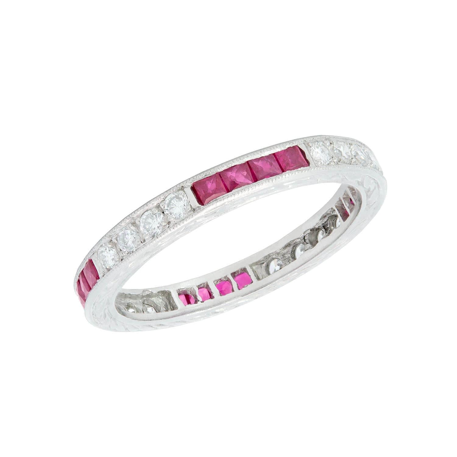 Platinum Ruby and Diamond Eternity Wedding Band for Women - Elegant Stackable Ring for Bridal, Anniversary & Special Occasions