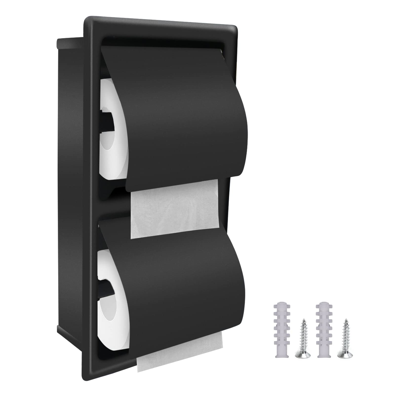 Stainless Steel Double Roll Recessed Toilet Paper Holder - Wall Mounted Bathroom Toilet Paper Dispenser with Rear Mounting Bracket (Black, Vertical) - Perfect for Modern Homes, Apartments & Commercial Restrooms