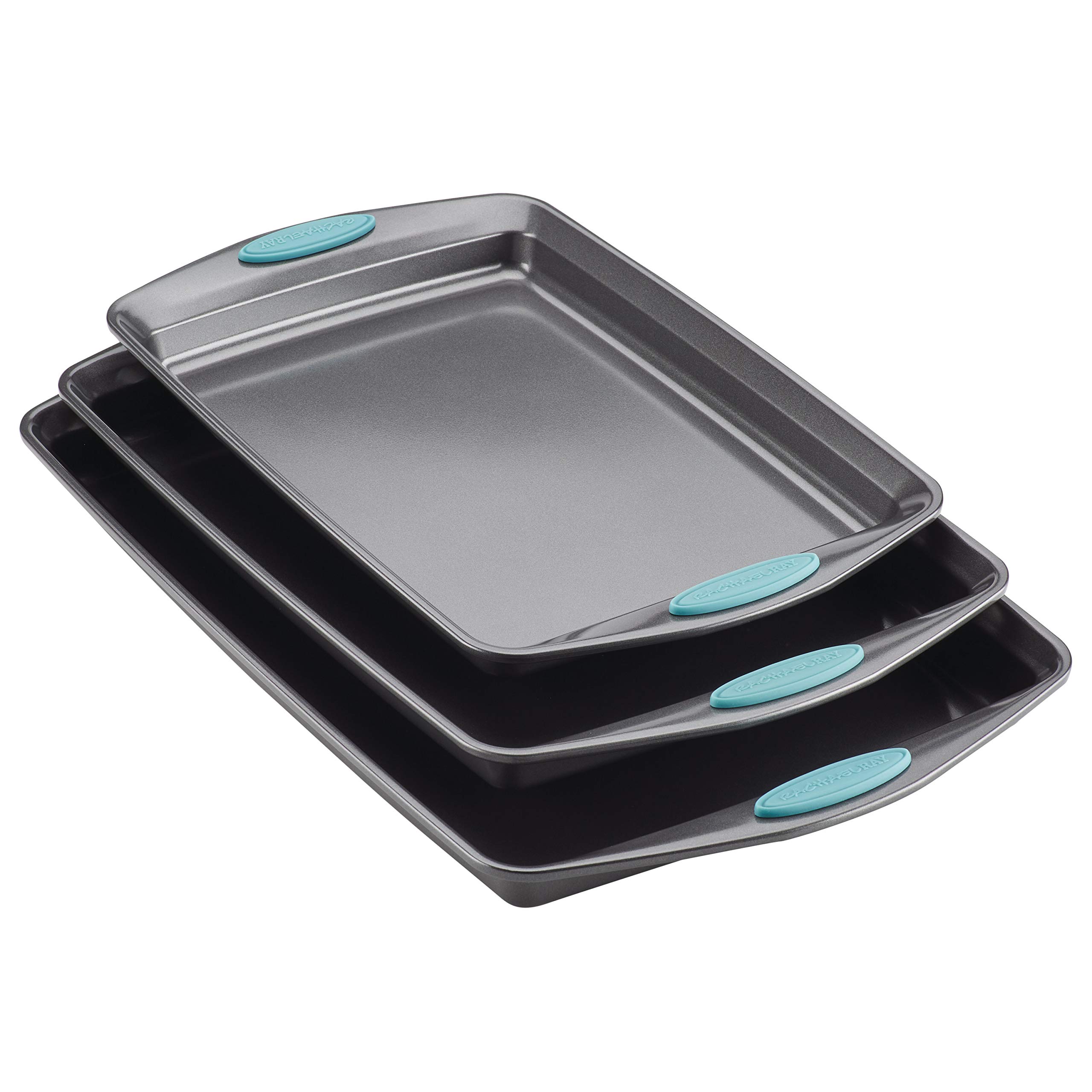 Rachael Ray Cucina 11-Inch Hard Anodized Nonstick Griddle Pan & Flat Grill with Agave Blue Handle - 3-Piece Nonstick Bakeware Set for Cookies, Baking & Grilling - Perfect for Pancakes, Burgers & Sheet Pan Dinners