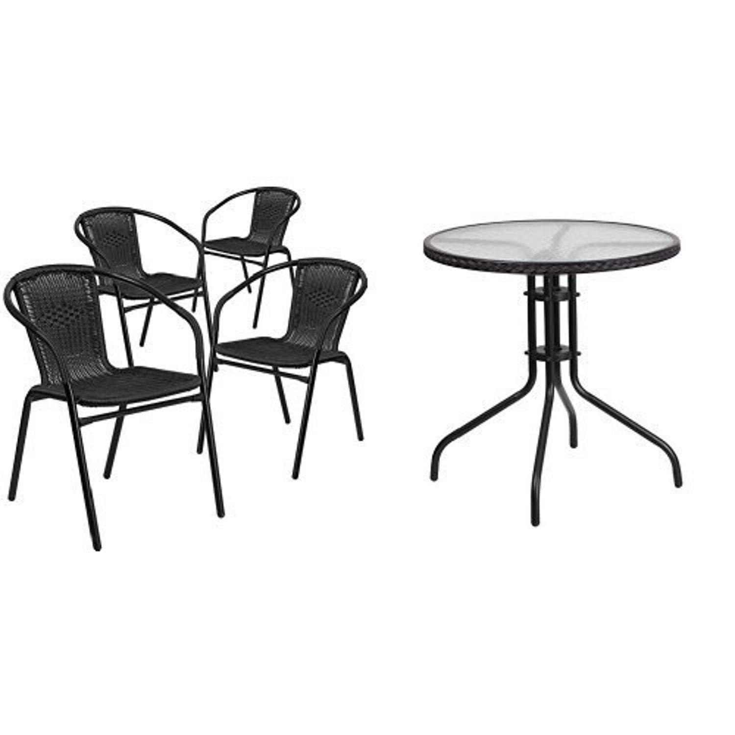 Flash Furniture 28'' Round Glass Top Metal Dining Table with Black Rattan Edge & 4 Stackable Rattan Chairs - Perfect for Patio, Garden, and Outdoor Dining