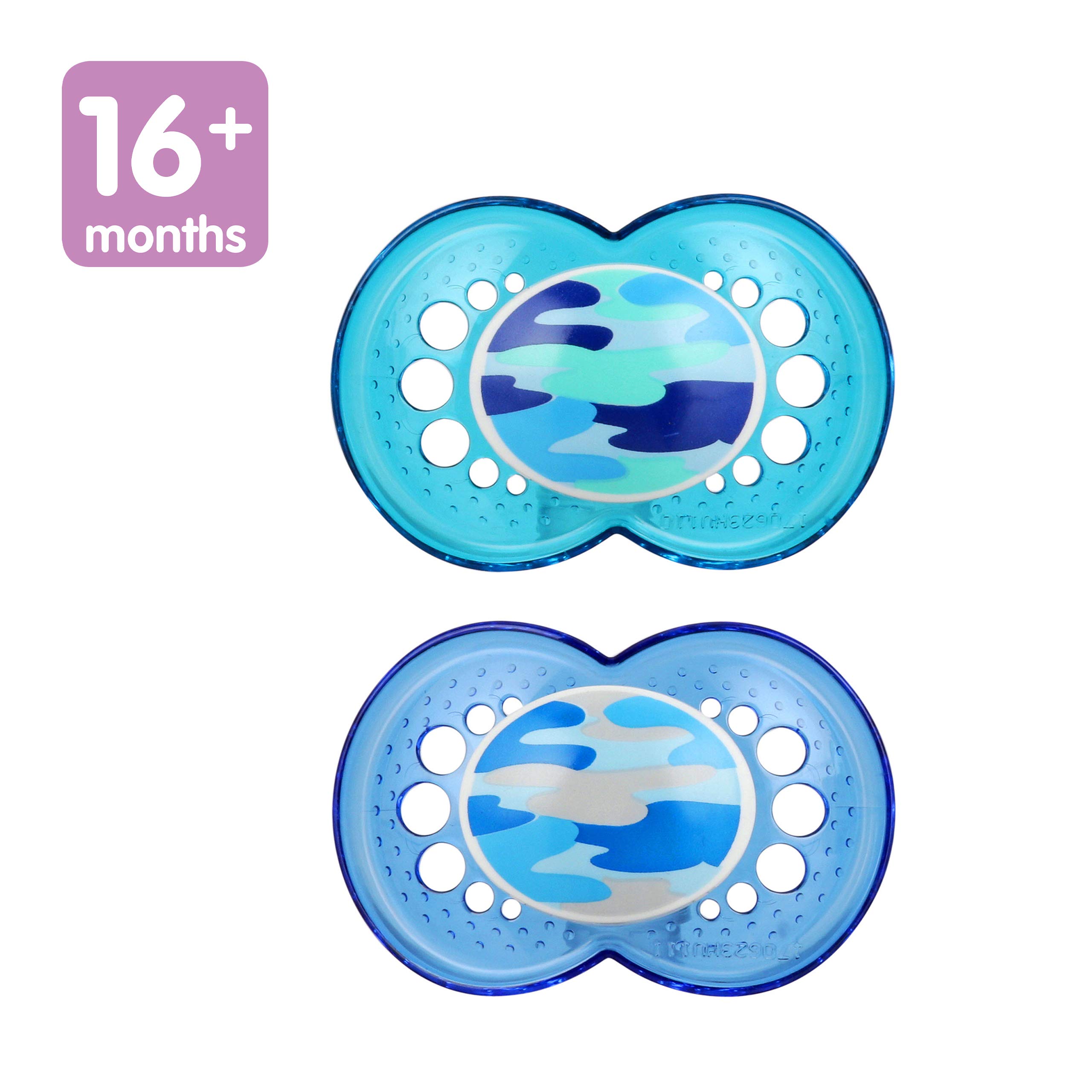MAM Original Baby Pacifier for Boys 16+ Months - Orthodontic Nipple Promotes Healthy Oral Development - Includes Sterilizer Case (2-Pack, Camo Design) - Perfect for Travel, Daycare & Soothing Fussy Babies