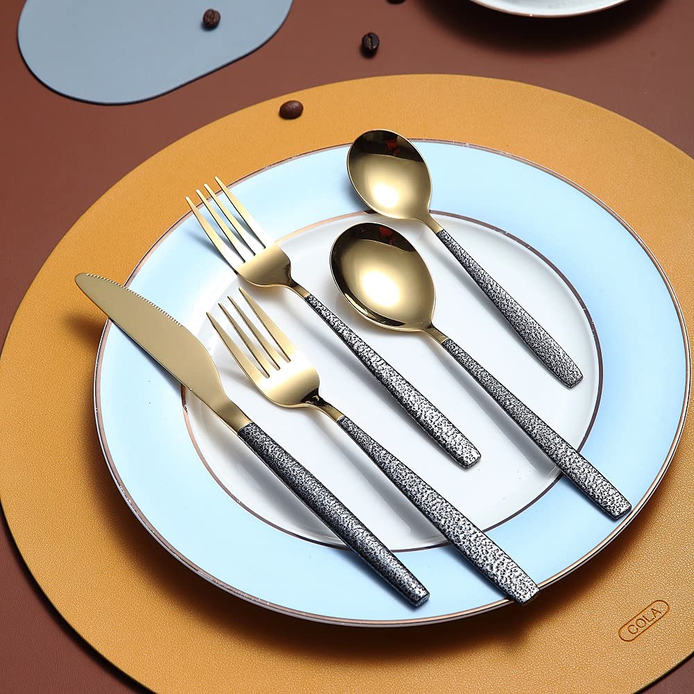 20-Piece Silverware Set - Shiny Gold Head Coating with Black Matte Handle, Stainless Steel Titanium Plated Knives, Spoons & Forks - Flatware Cutlery Set for 4 - Perfect for Dinner Parties, Weddings & Upscale Dining