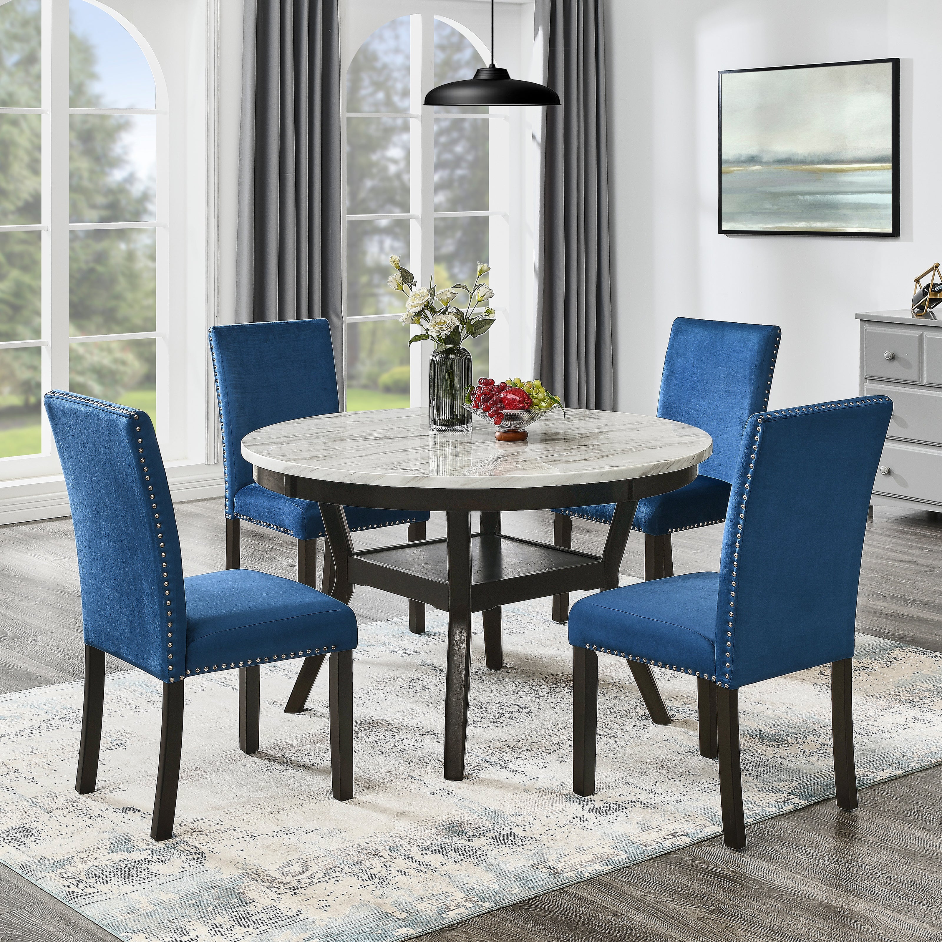 Roundhill Furniture 5-Piece Mella Dining Set - Round Faux Marble Table with 4 Velvet Parsons Chairs, Dark Espresso Finish - Perfect for Small Spaces, Breakfast Nooks & Modern Apartments
