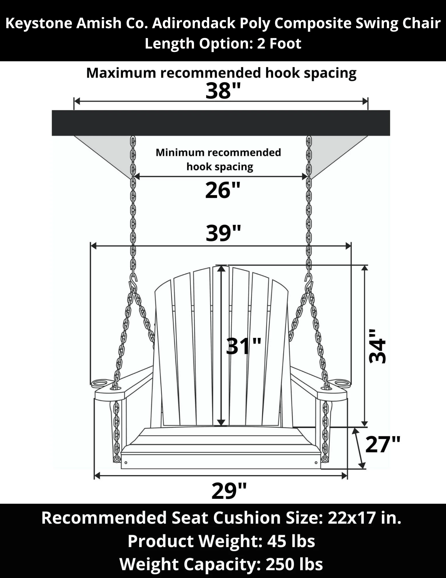 Keystone Amish Co. Adirondack Poly Composite Swing Chair - Outdoor Patio Furniture for Garden, Deck, and Backyard Relaxation