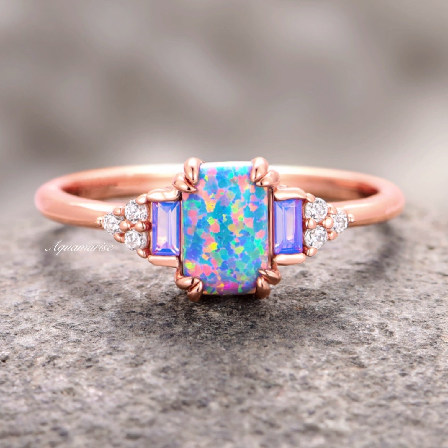 Light Blue Fire Opal & Opalescent Sapphire Ring - 14k Rose Gold Vermeil - Elegant Jewelry for Women, Perfect for Weddings, Anniversaries & Special Occasions