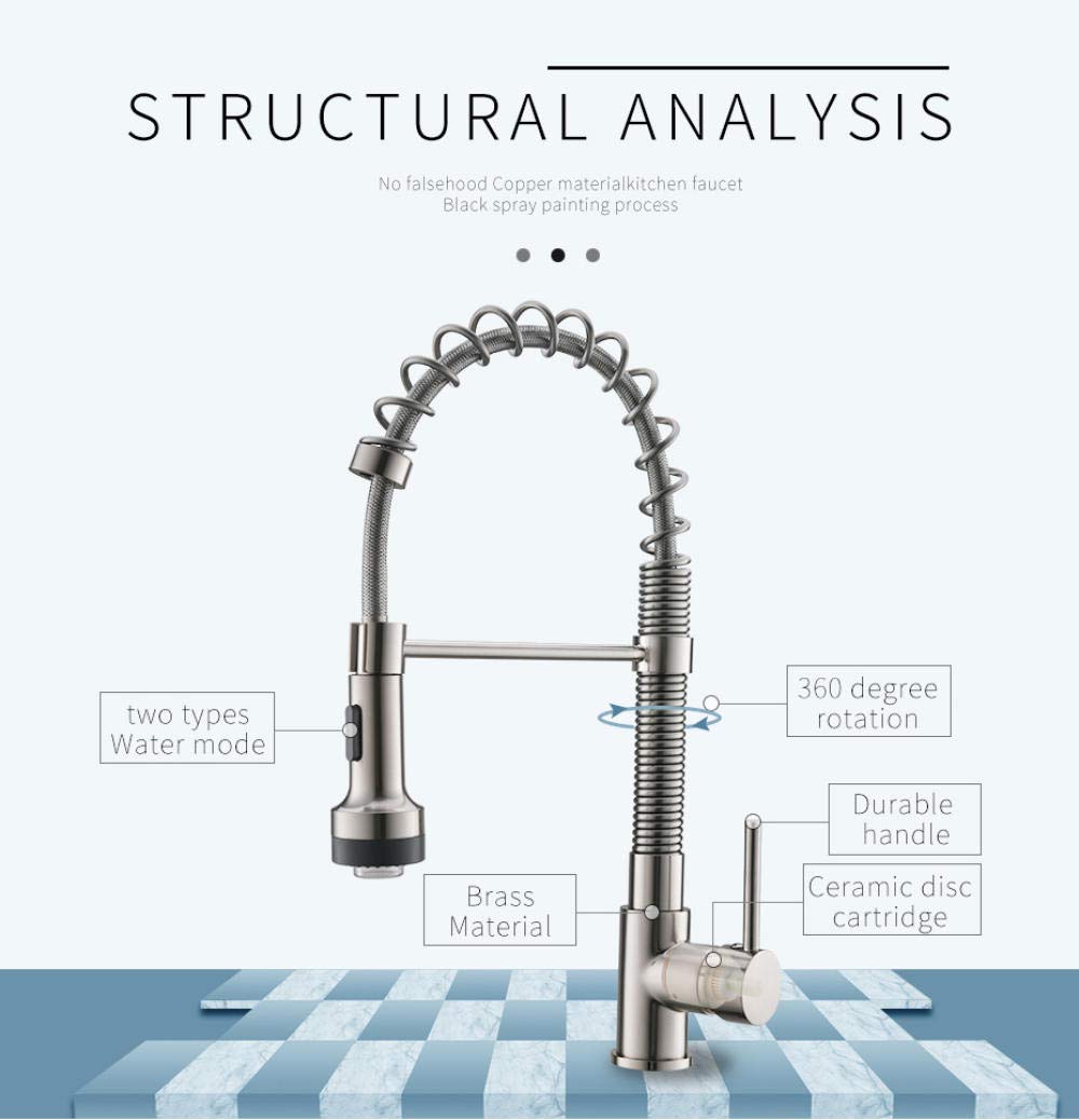Led Spring Style Brushed Nickel Pull Down Kitchen Faucet with Brass Swivel Tap for Hot and Cold Water Mixer, Ideal for Modern Home Kitchens and Sink Upgrades