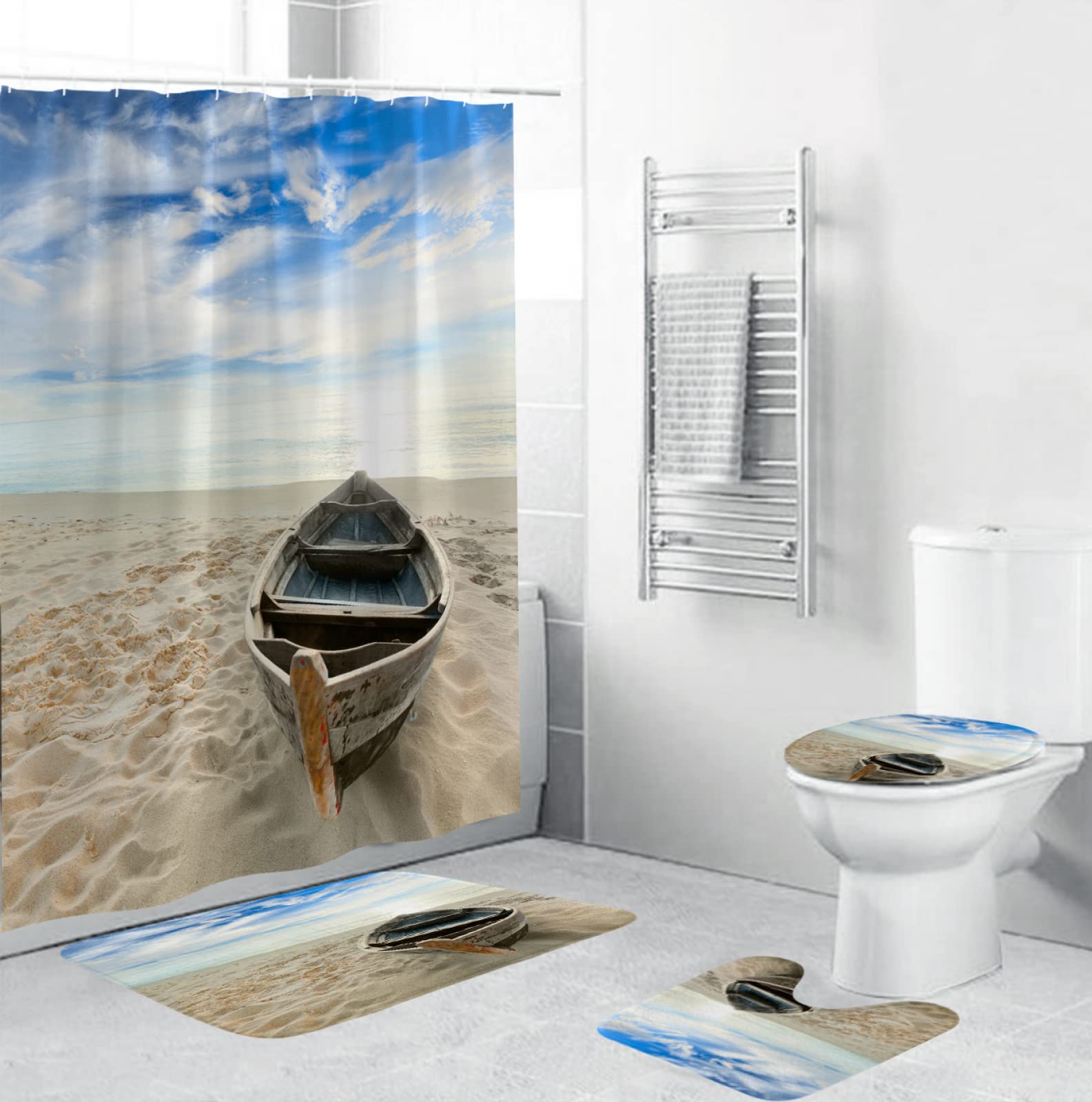 3D Printed Boat Shower Curtain Set - 4Pcs Beach Theme Bathroom Decor with Non-Slip Rug, Toilet Lid Cover & Bath Mat | Waterproof & Durable Hanging Curtain with 12 Hooks | Perfect for Nautical Bathroom, Coastal Home Decor & Beach House Style