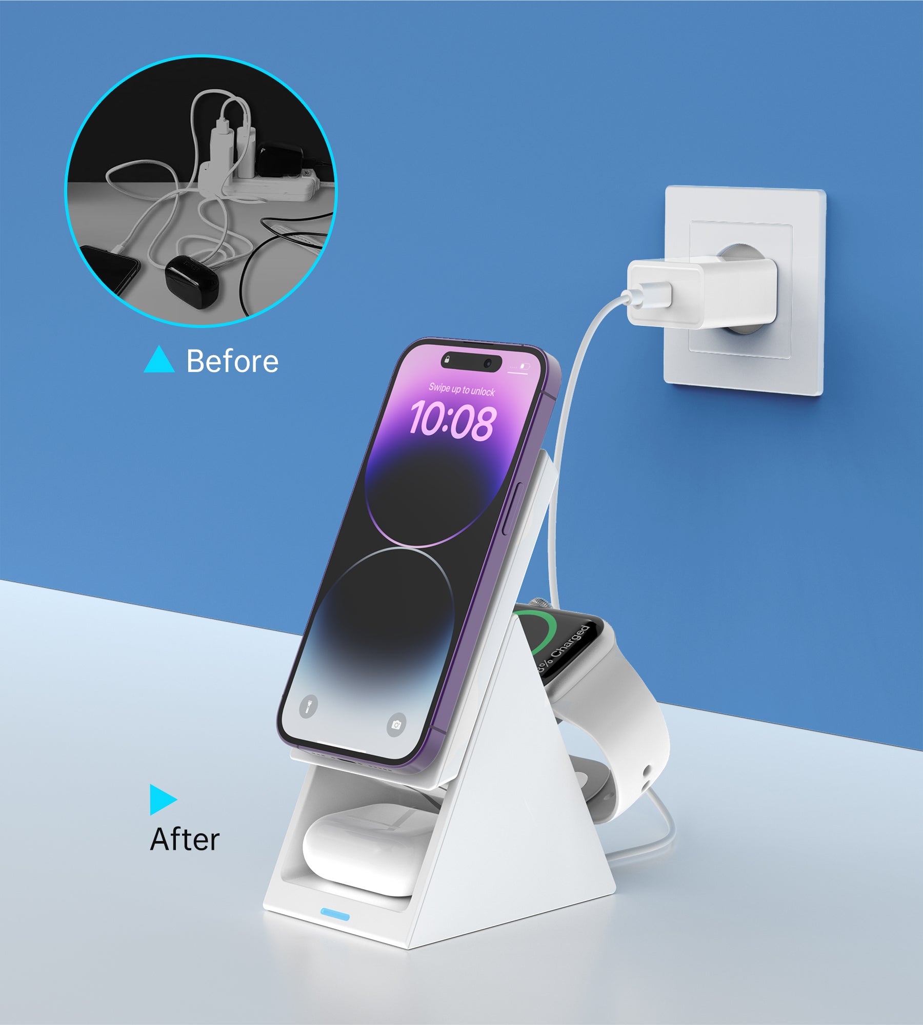 3-in-1 Magnetic Wireless Charger for iPhone, Samsung & AirPods - Foldable Stand for Apple Watch - Fast Charging Station for Bedside, Office & Travel