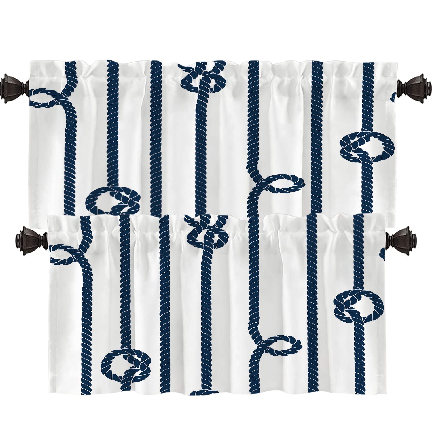 Shrahala Navy Blue & White Striped Kitchen Valance Set - 52x18 Inch Nautical Rope Design Half Window Curtains for Coastal Kitchen Decor, Perfect for Farmhouse, Cottage, and Beach House Styling